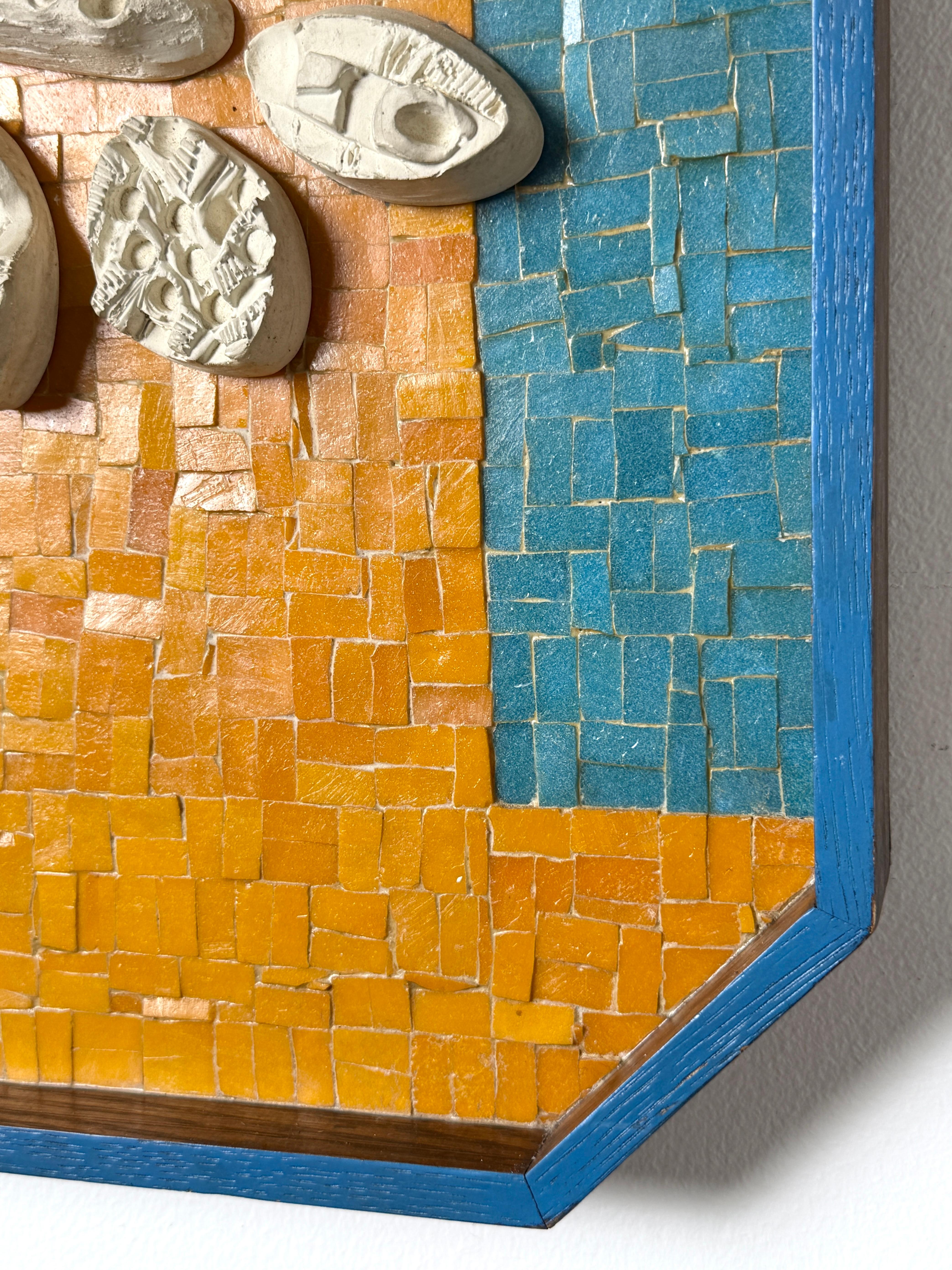 Mid Century Modern Wall Mosaic Ceramic Tree Relief Sculpture in Orange & Blue For Sale 3