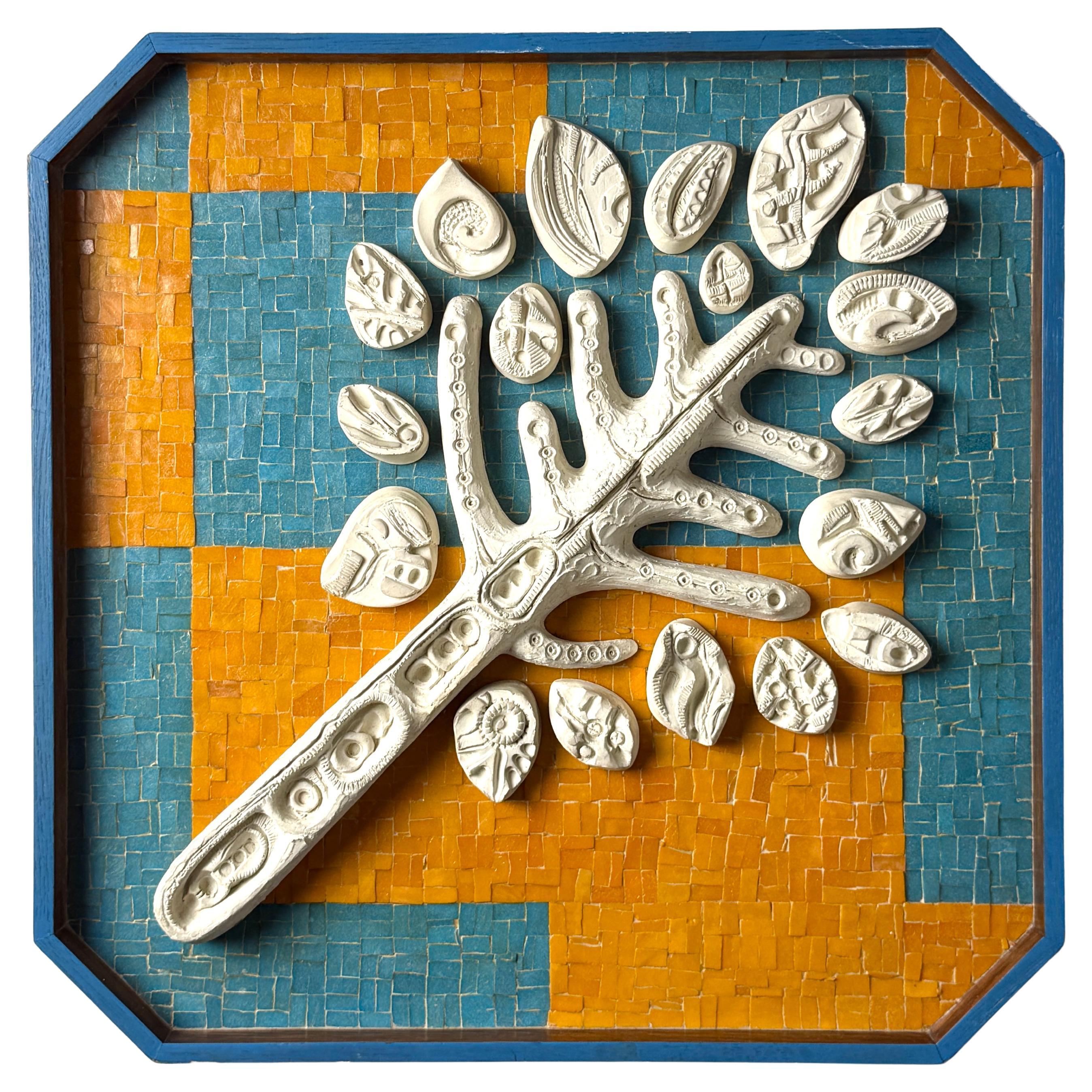 Mid Century Modern Wall Mosaic Ceramic Tree Relief Sculpture in Orange & Blue For Sale