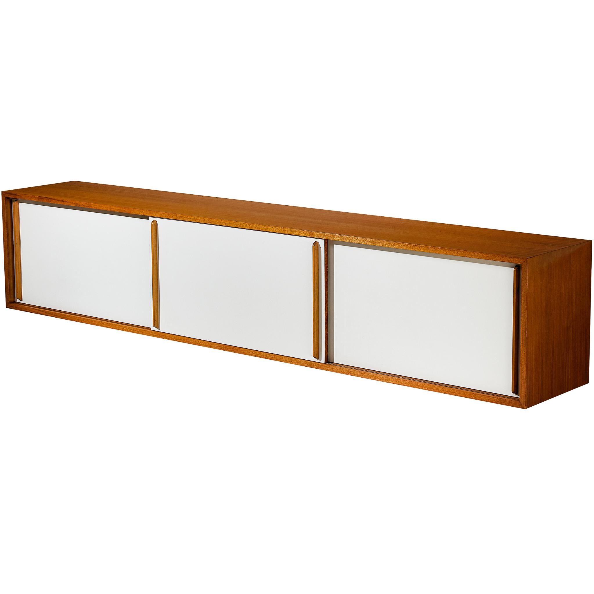 Mid-Century Modern Wall-Mounted Sideboard in Walnut with White Panels 1960s