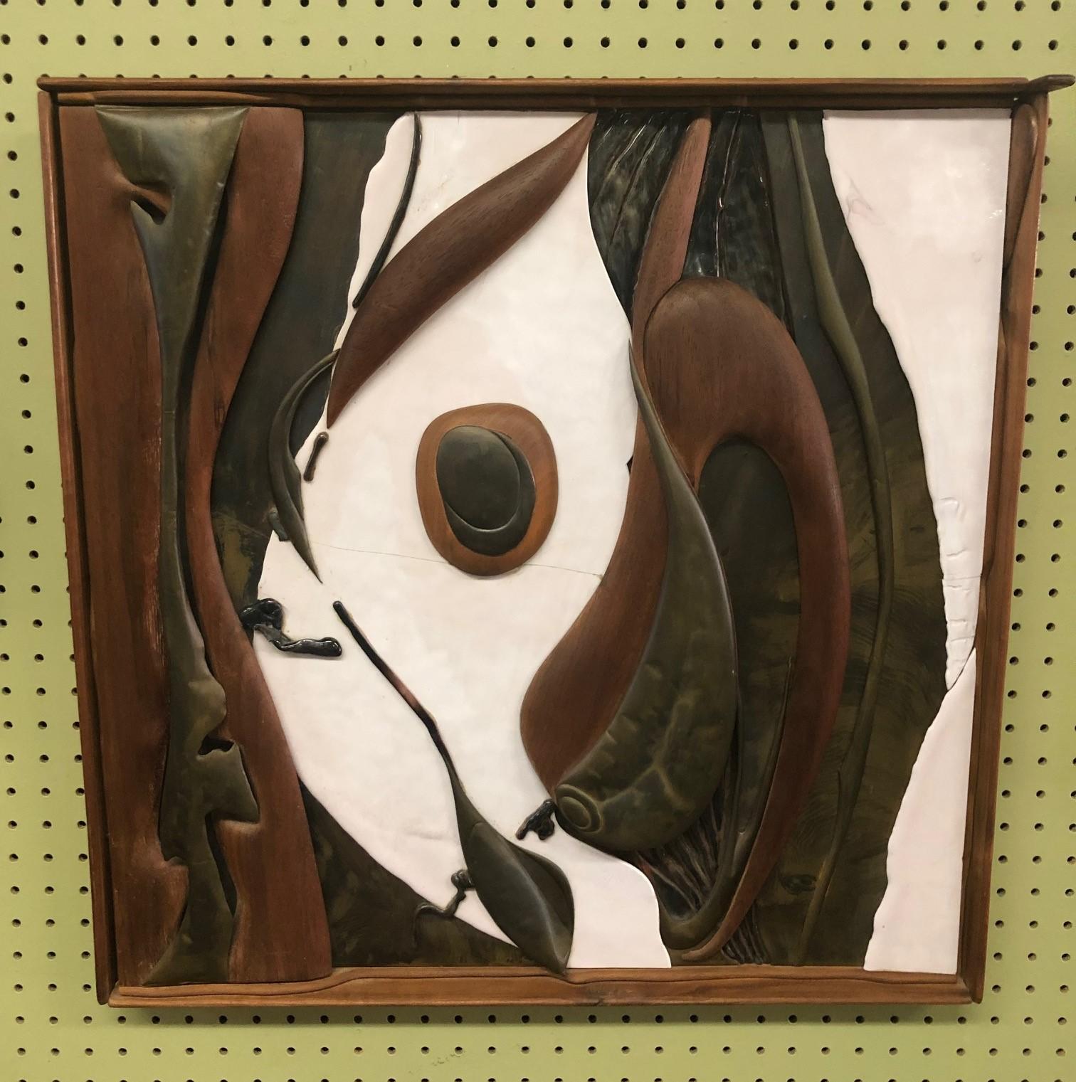 Mid-Century Modern wall relief by Frank Del Campo, circa 1970s. This signed piece is made of walnut, bronze (could be brass), brass, ceramic and glass. It is an amazing piece with great detail and life. One of the ceramic pieces has a hairline crack