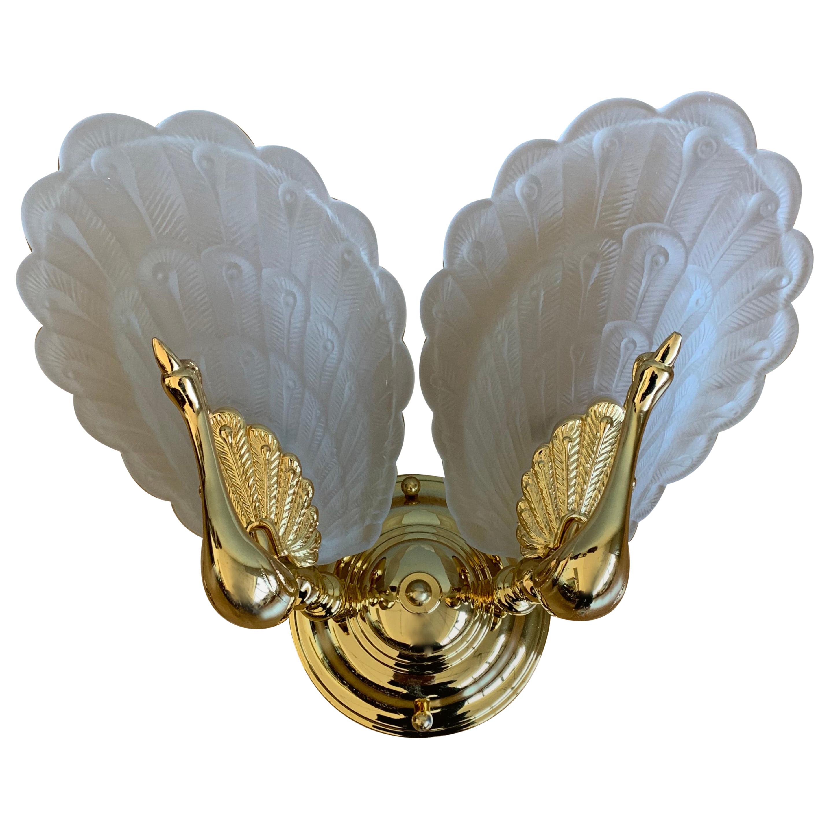 Mid-Century Modern Wall Sconce w. Golden Bronze Peacock Sculptures & Glass Wings