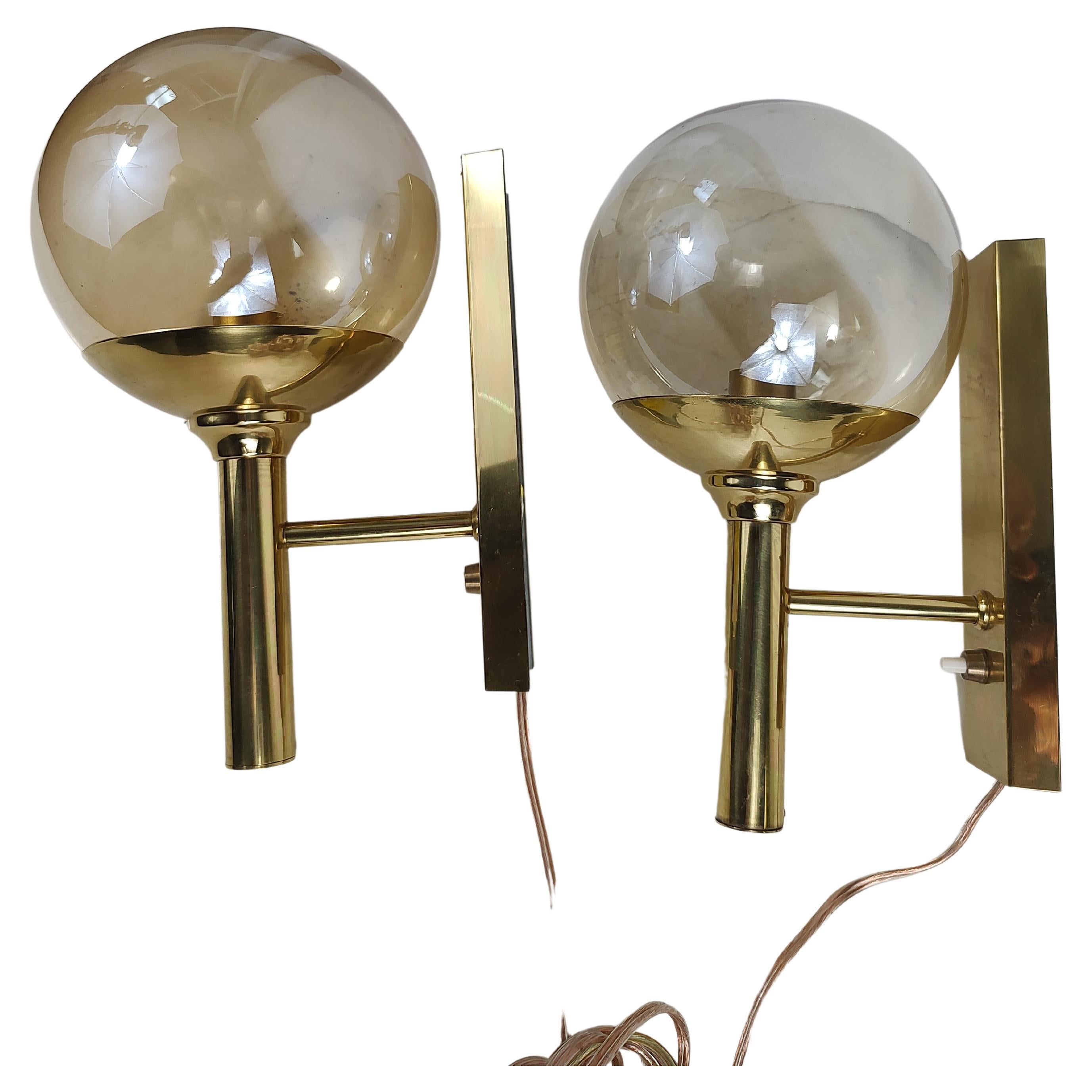 Mid-Century Modern Wall Sconces Brass with Blown Glass Shades by Sv. Mejlstrom In Good Condition For Sale In Port Jervis, NY