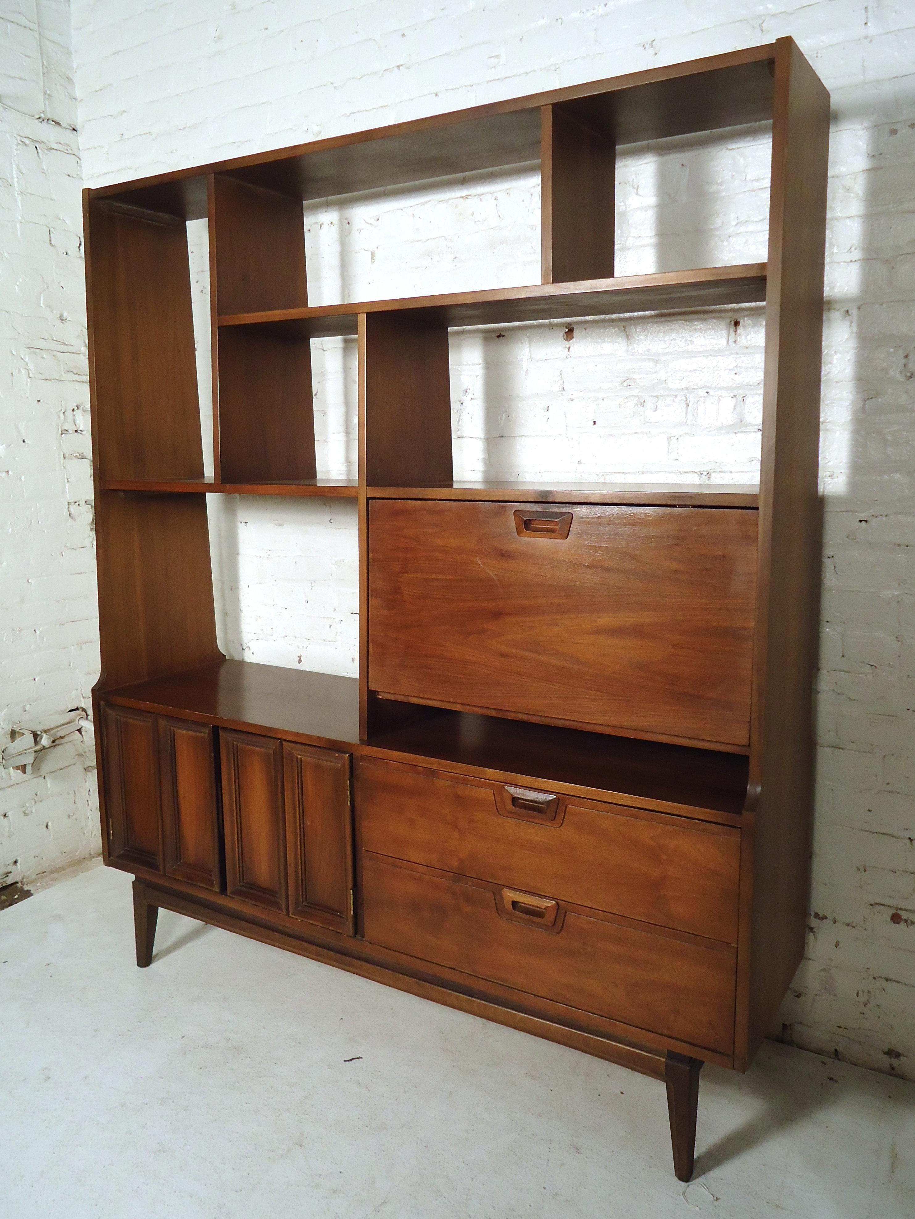 Vintage standing bookcase with various storage compartments, and a finished back for placement anywhere in the room. (Please confirm item location - NY or NJ - with dealer).