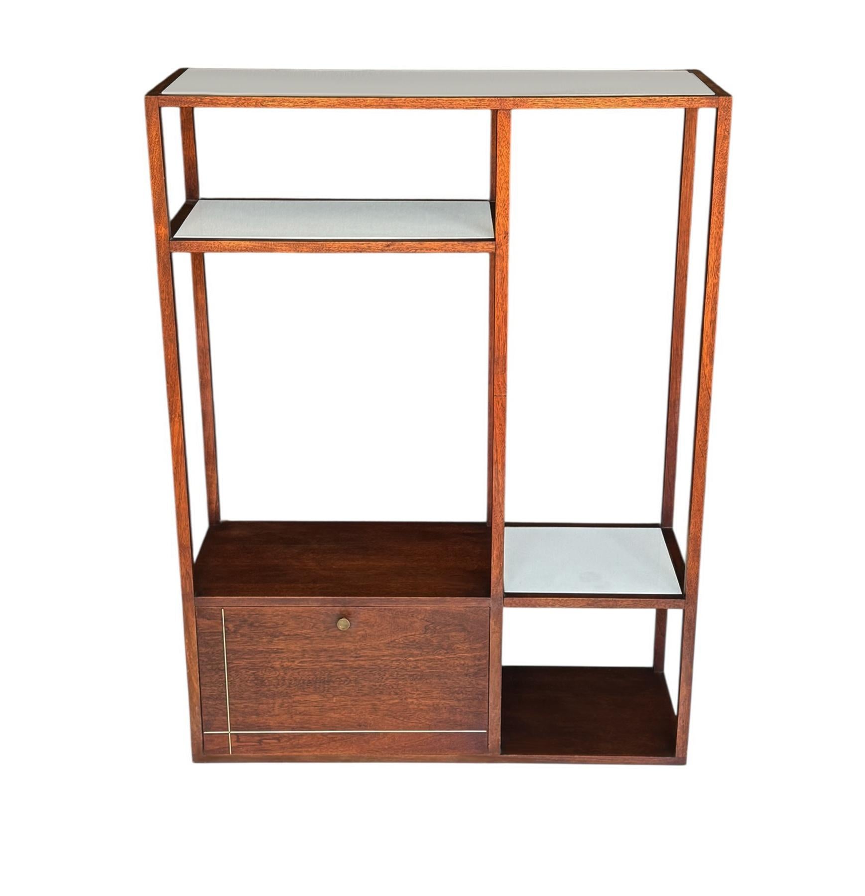 German Mid-Century Modern Wall Unit or Shelving Unit in Walnut with Milk Glass Shelves For Sale