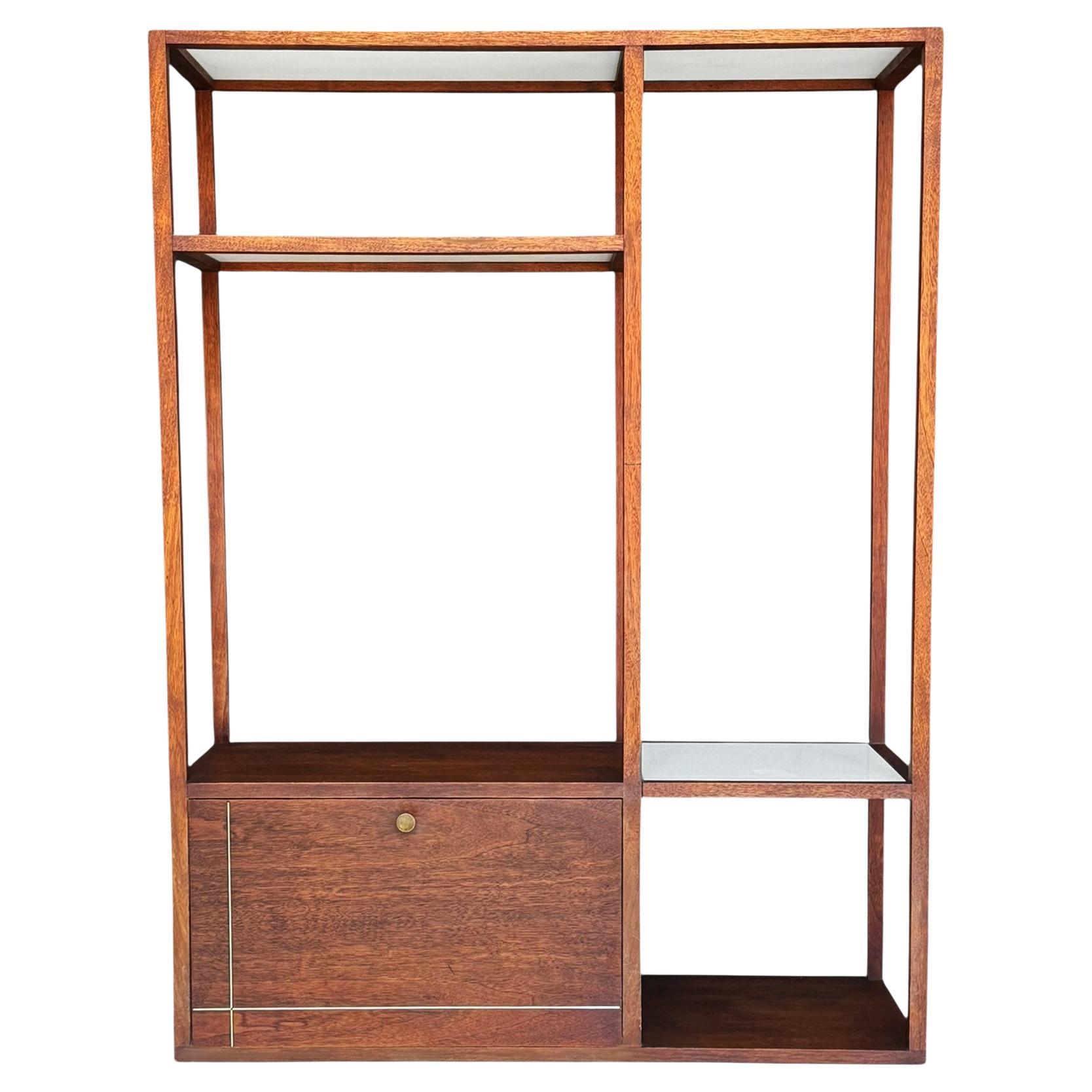 Mid-Century Modern Wall Unit or Shelving Unit in Walnut with Milk Glass Shelves For Sale