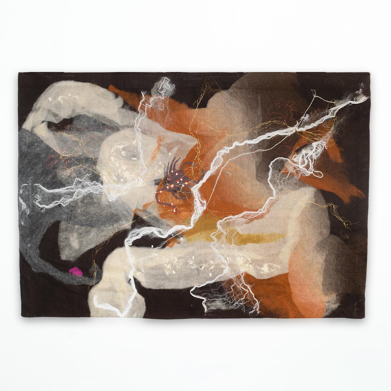 A Mid-Century Modern wall hanging/ tapestry of a dark landscape with a scorpion like creature in a field of brown, orange and tan. A dot of magenta in the lower left corner offsets the metallic gold and bright white threads. Made by Praha Atelier,