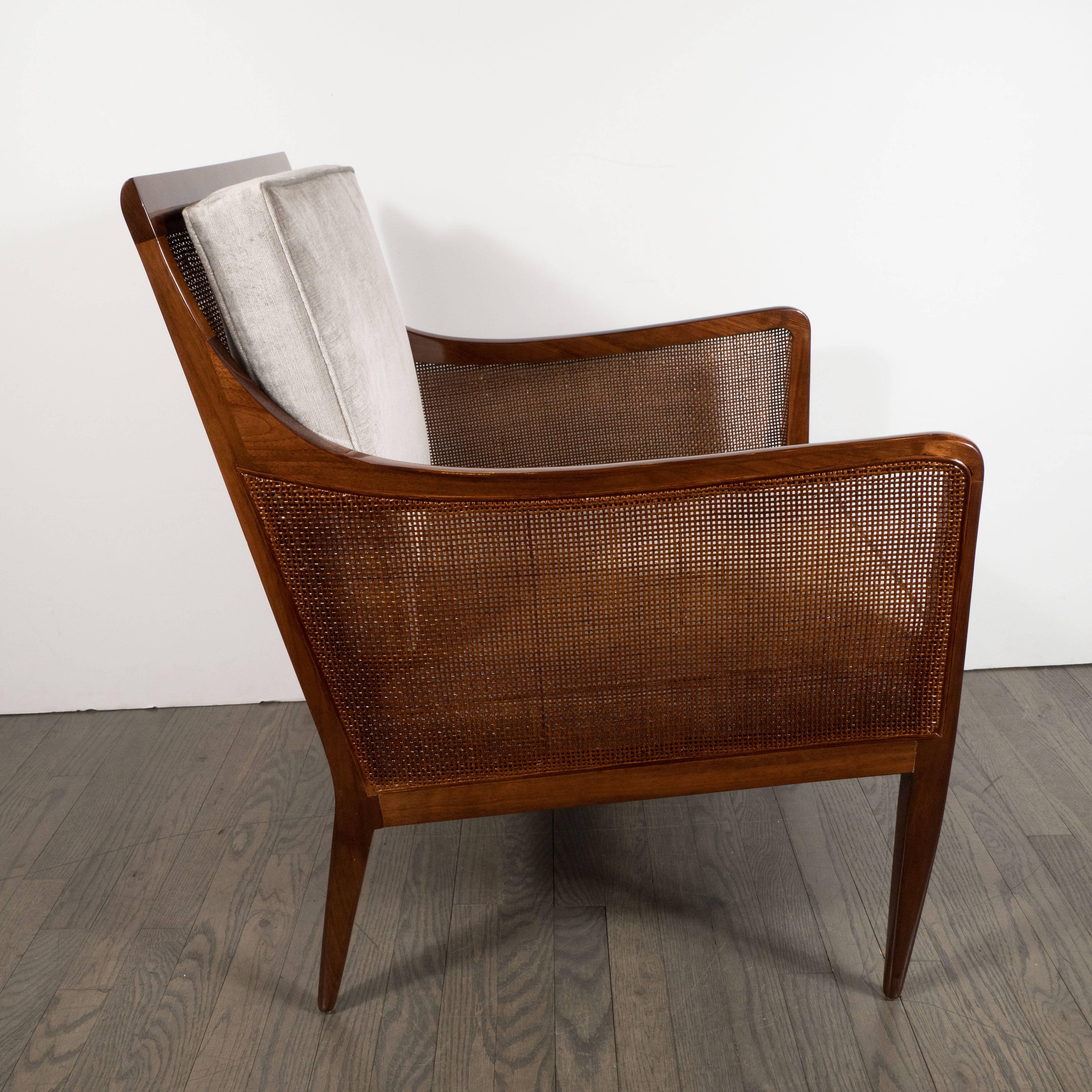 American Mid-Century Modern Walnut and Cane Club Chair in Smoked Platinum Velvet