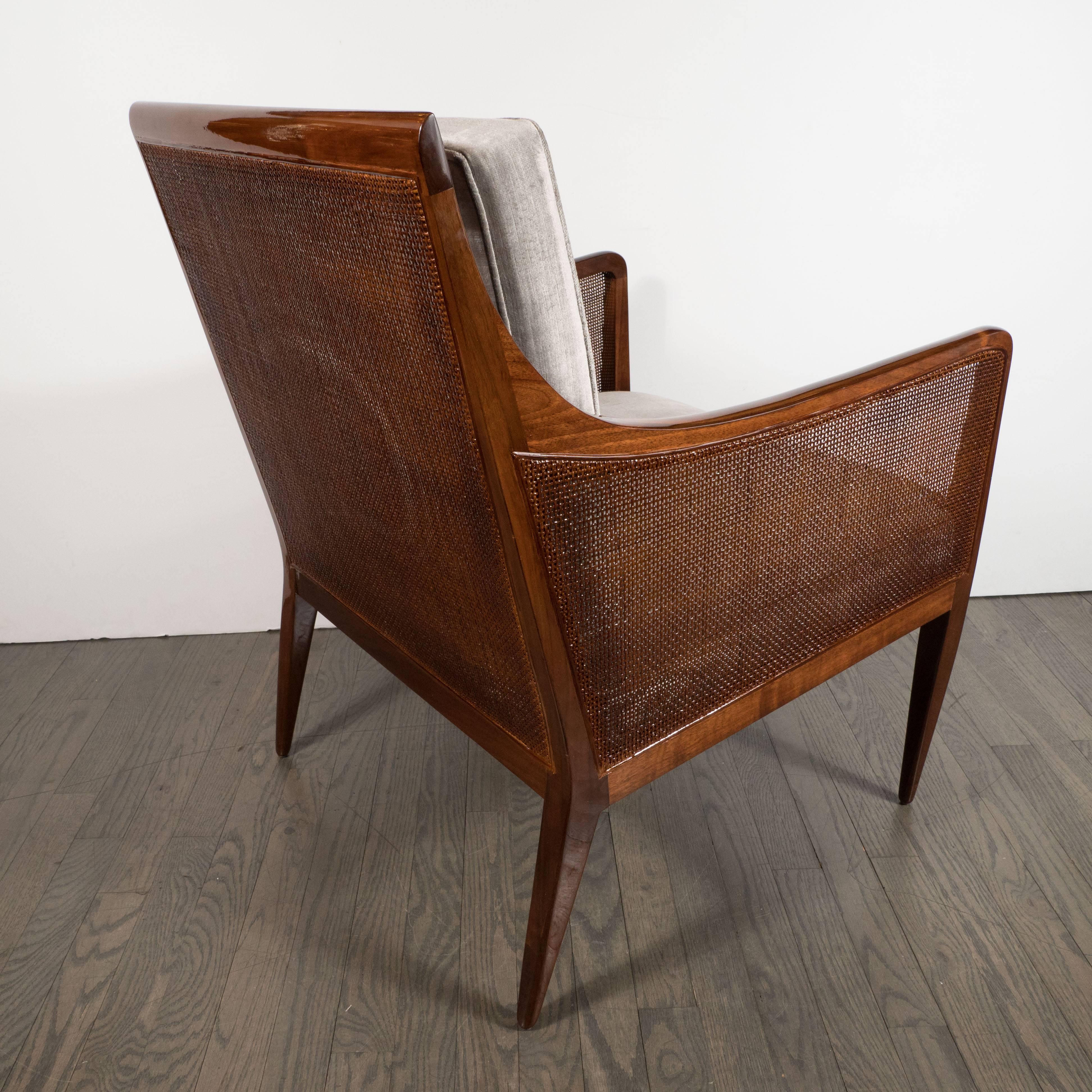 Mid-Century Modern Walnut and Cane Club Chair in Smoked Platinum Velvet In Excellent Condition In New York, NY