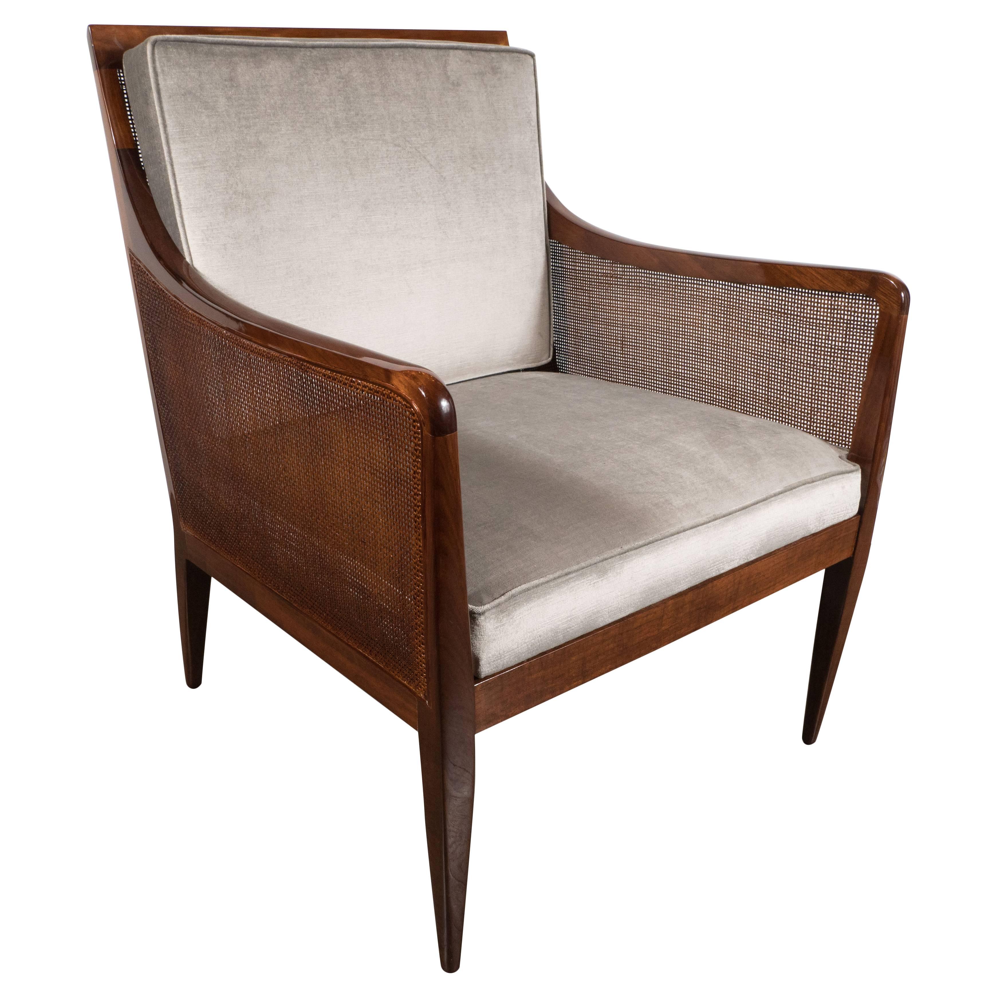Mid-Century Modern Walnut and Cane Club Chair in Smoked Platinum Velvet
