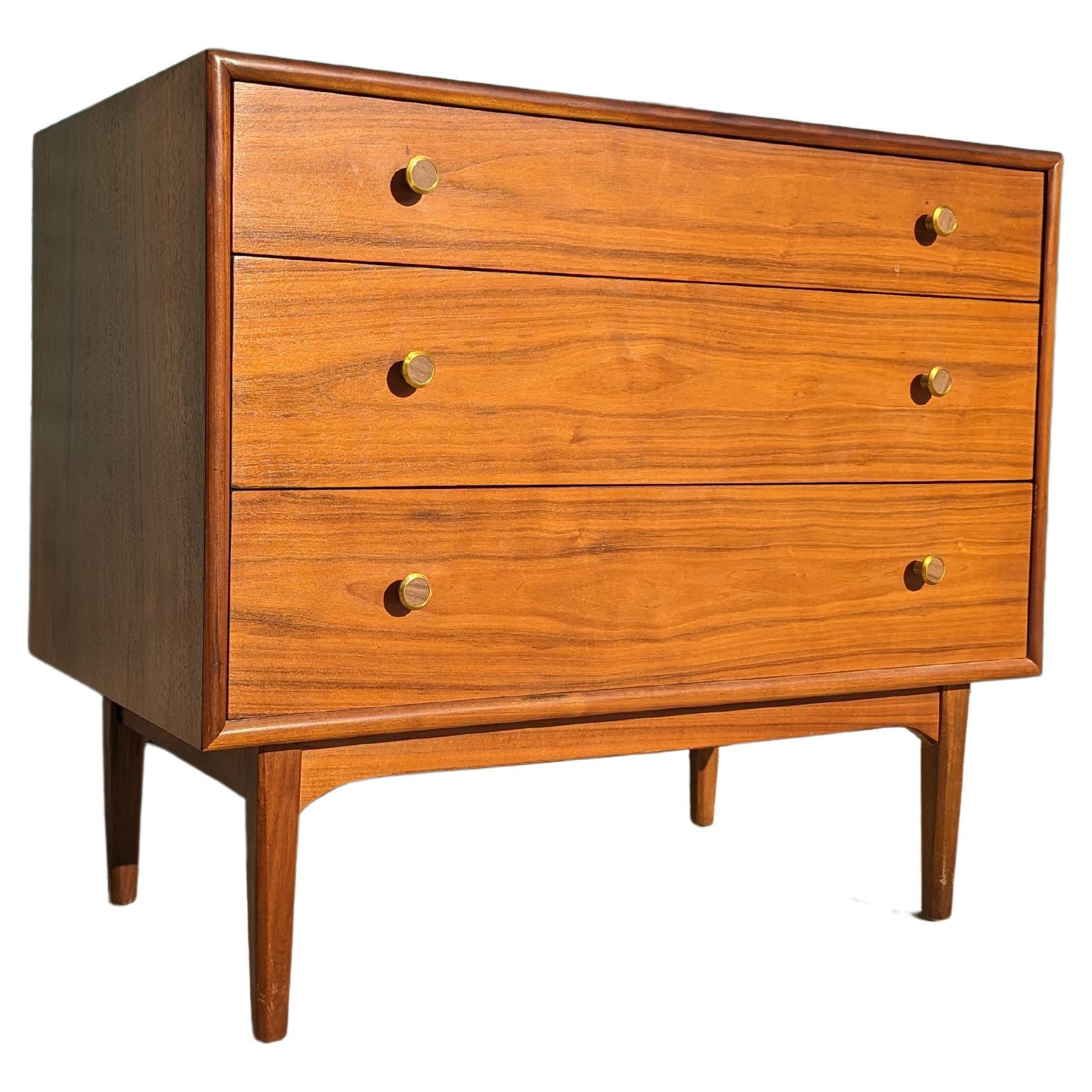 Mid Century Modern Walnut 3 Drawer Dresser By Kipp Stewart for Drexel, c1960s