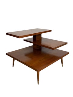 Mid Century Modern Walnut 3-Tier Side Table with Brass Tapered Legs