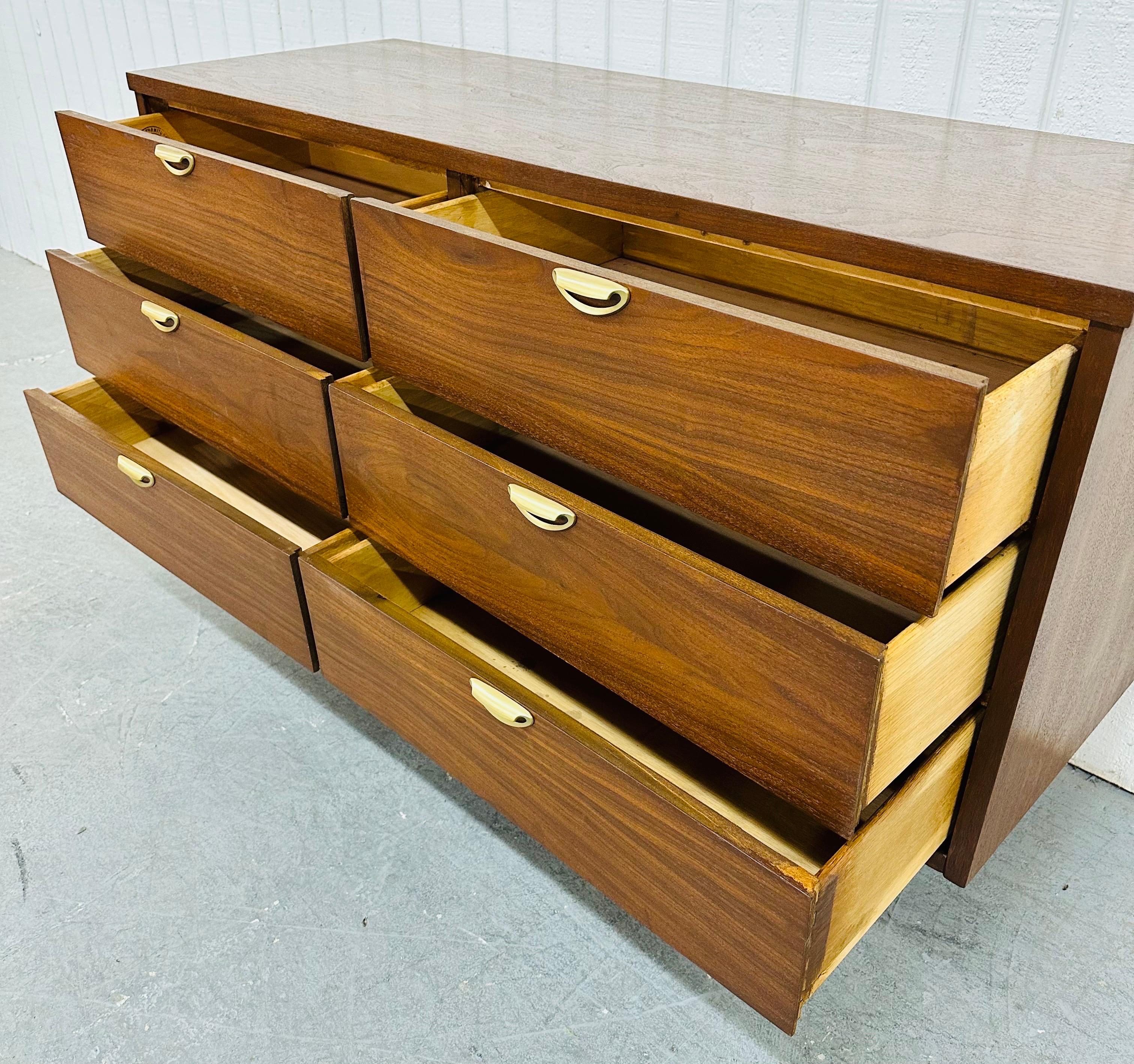 Brass Mid-Century Modern Walnut 6-Drawer Dresser