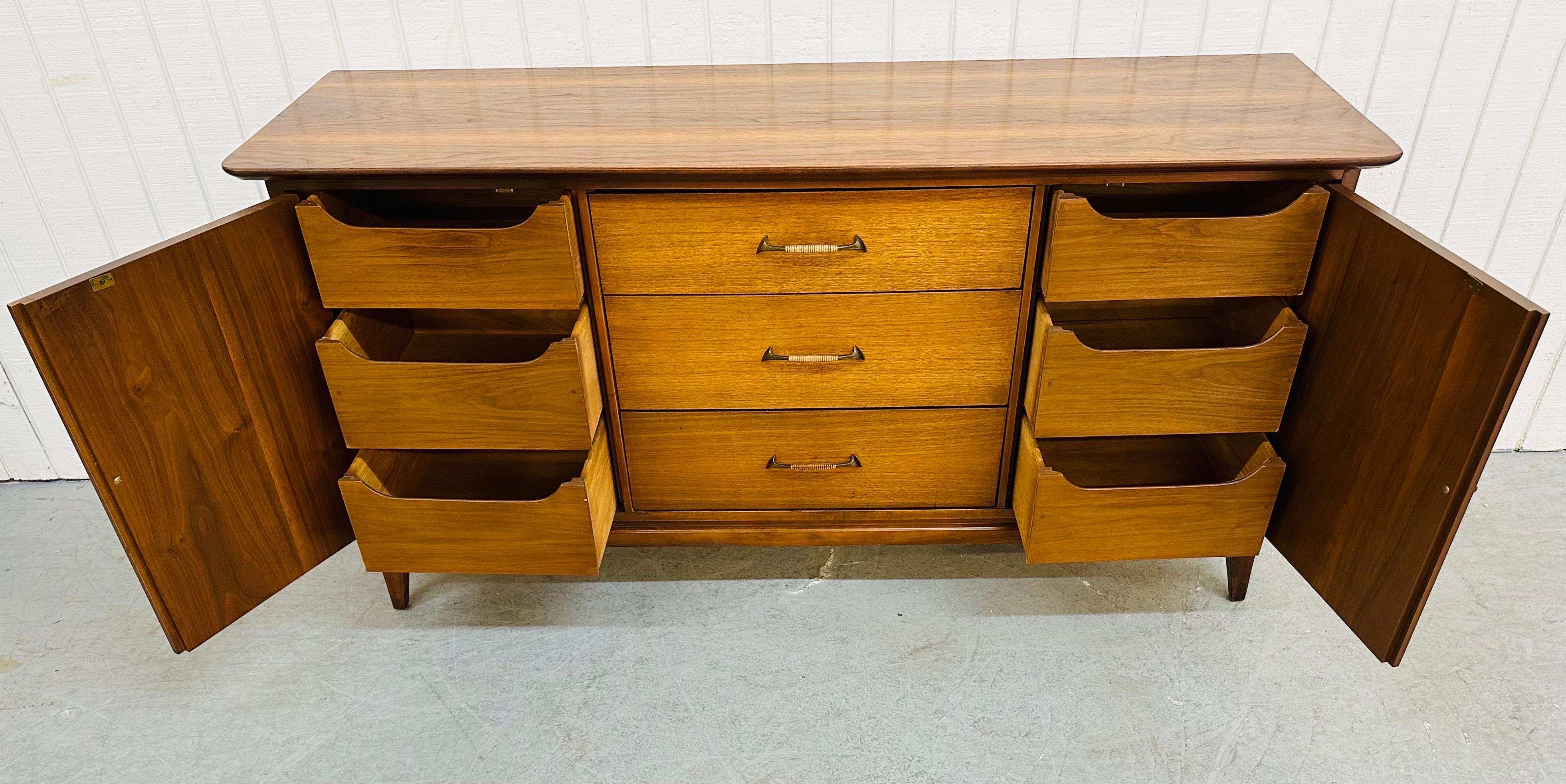 Brass Mid-Century Modern Walnut 9-Drawer Dresser
