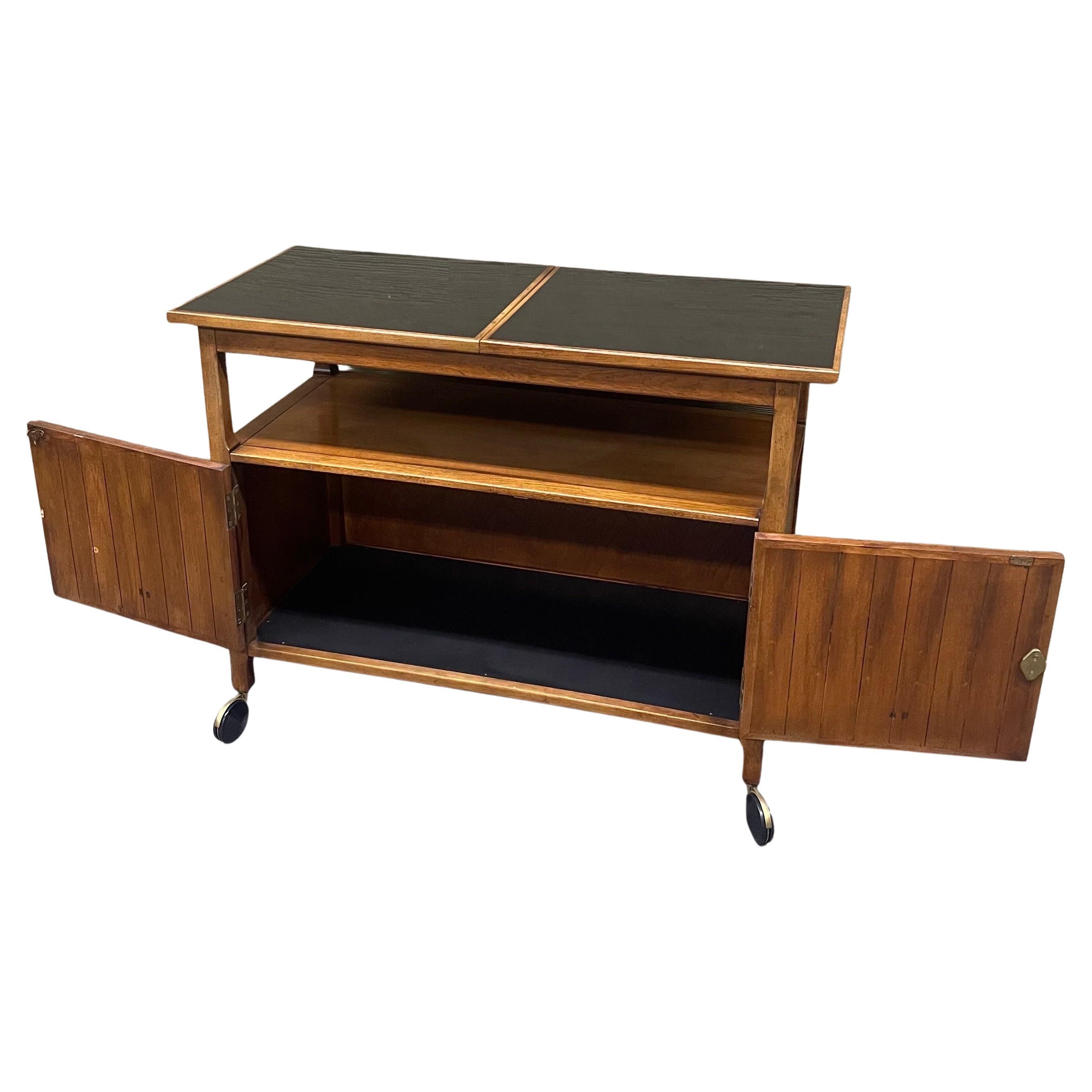 American Mid-Century Modern Walnut and Black Laminate Expanding Bar Cart For Sale