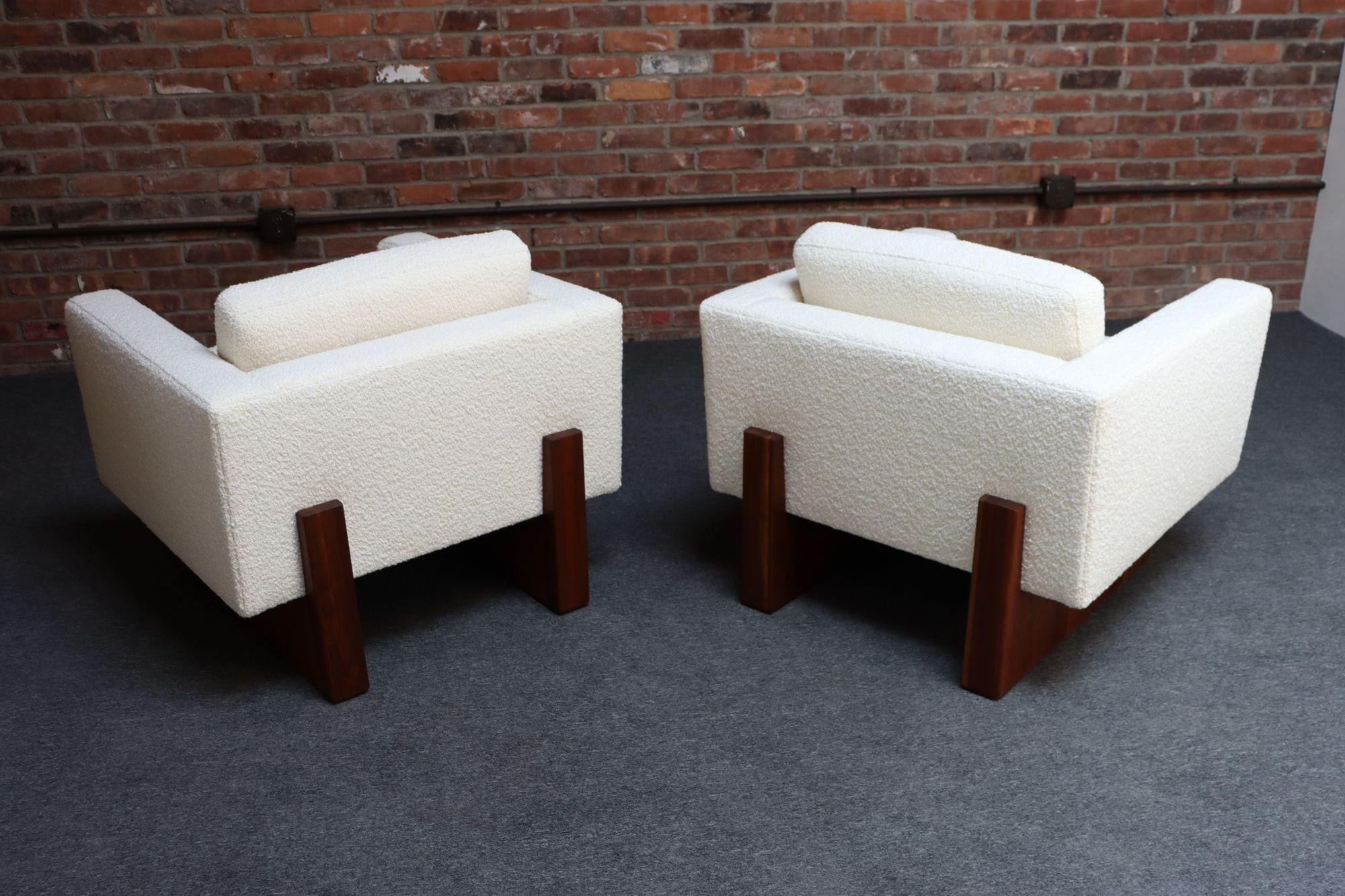Mid-Century Modern Walnut and Bouclé Cube Lounge Chairs by Harvey Probber 2