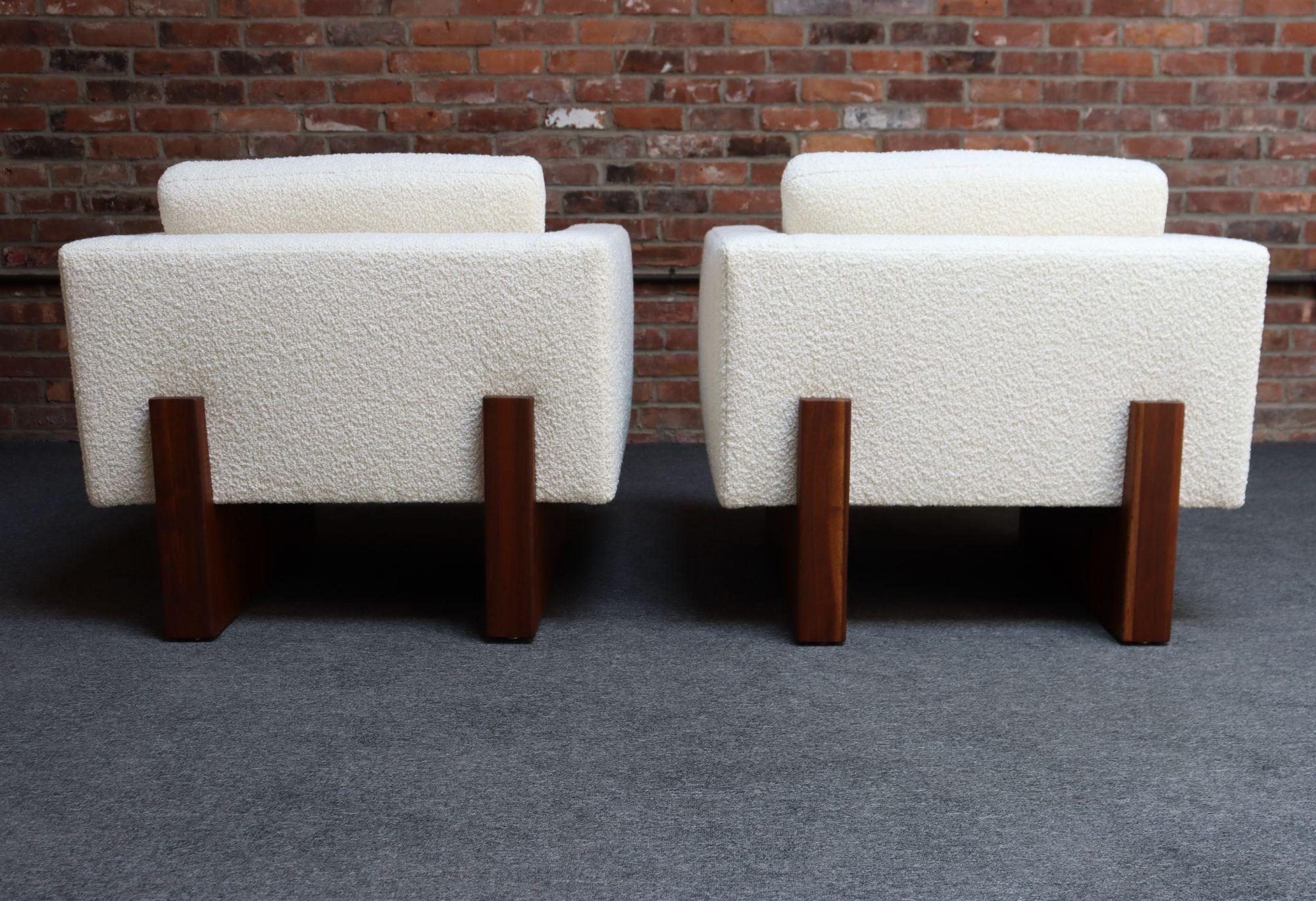 Mid-Century Modern Walnut and Bouclé Cube Lounge Chairs by Harvey Probber 3