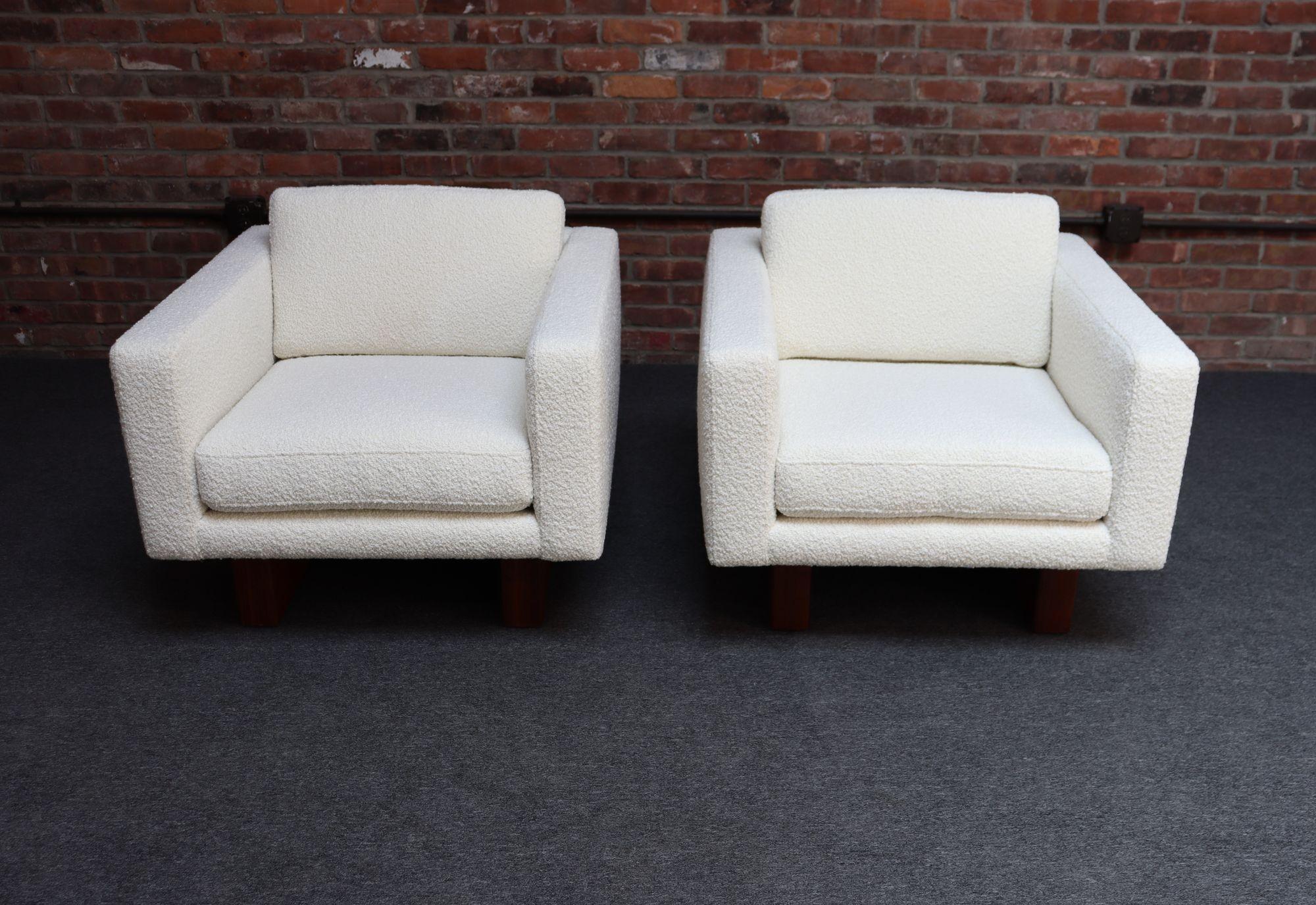 American Mid-Century Modern Walnut and Bouclé Cube Lounge Chairs by Harvey Probber