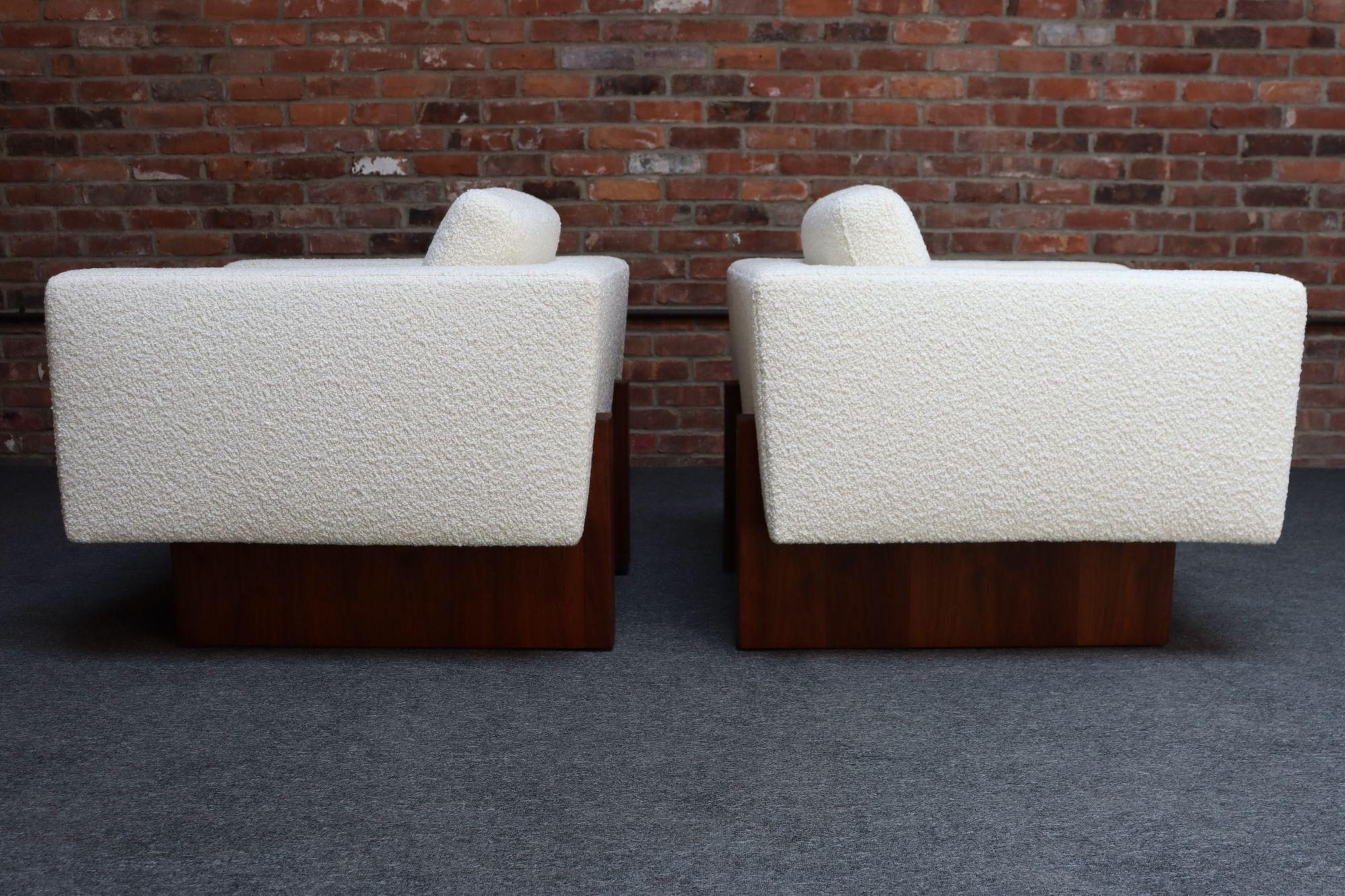 Mid-20th Century Mid-Century Modern Walnut and Bouclé Cube Lounge Chairs by Harvey Probber