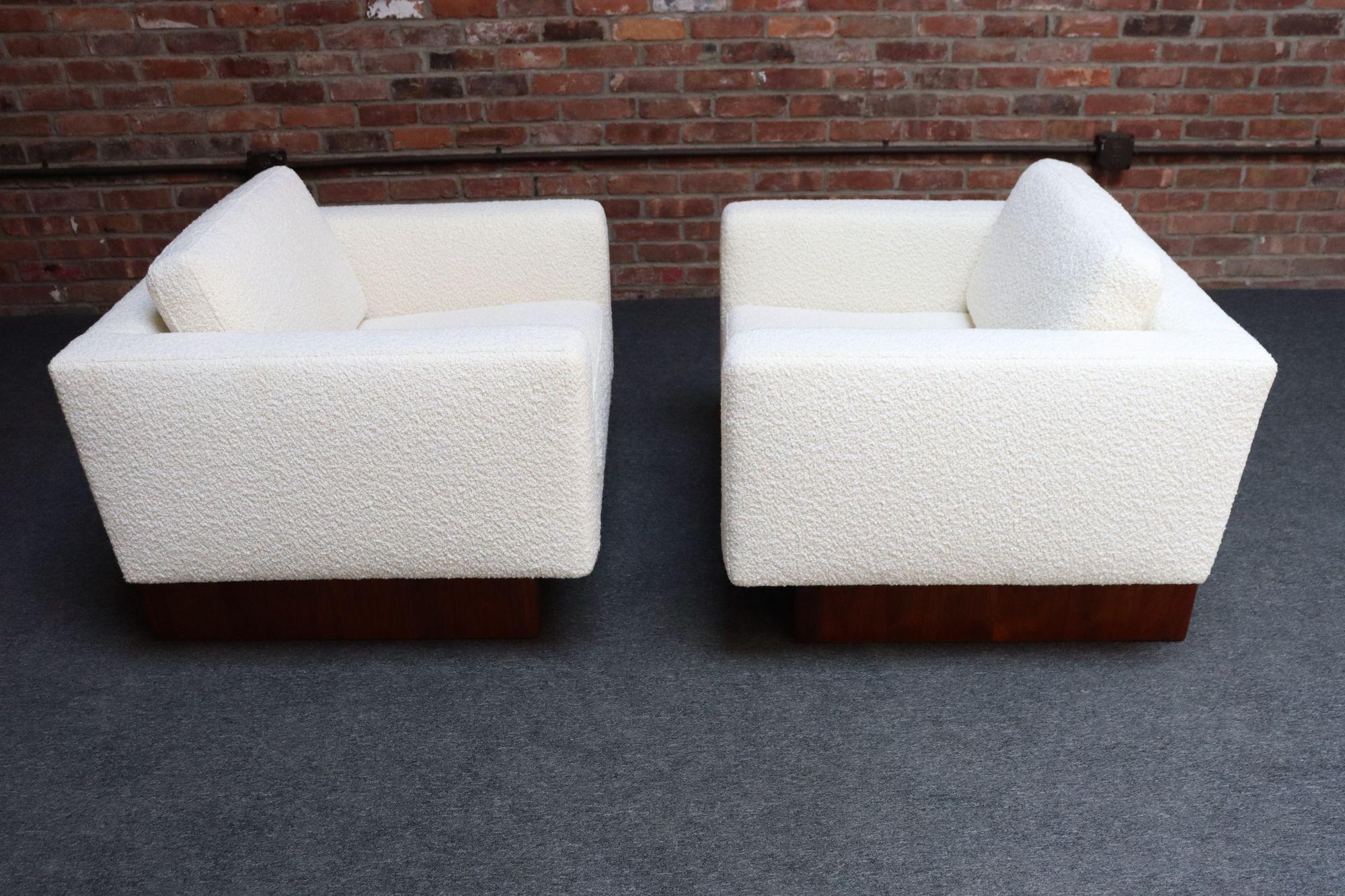 Mid-Century Modern Walnut and Bouclé Cube Lounge Chairs by Harvey Probber 1