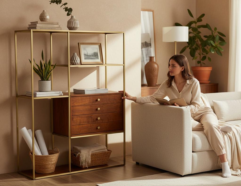 An iconic piece of mid-century modern design, this walnut and brass bookcase étagère by Paul McCobb was crafted in the USA circa 1970’s. The sleek brass frame provides a refined architectural structure, complemented by warm walnut shelving that