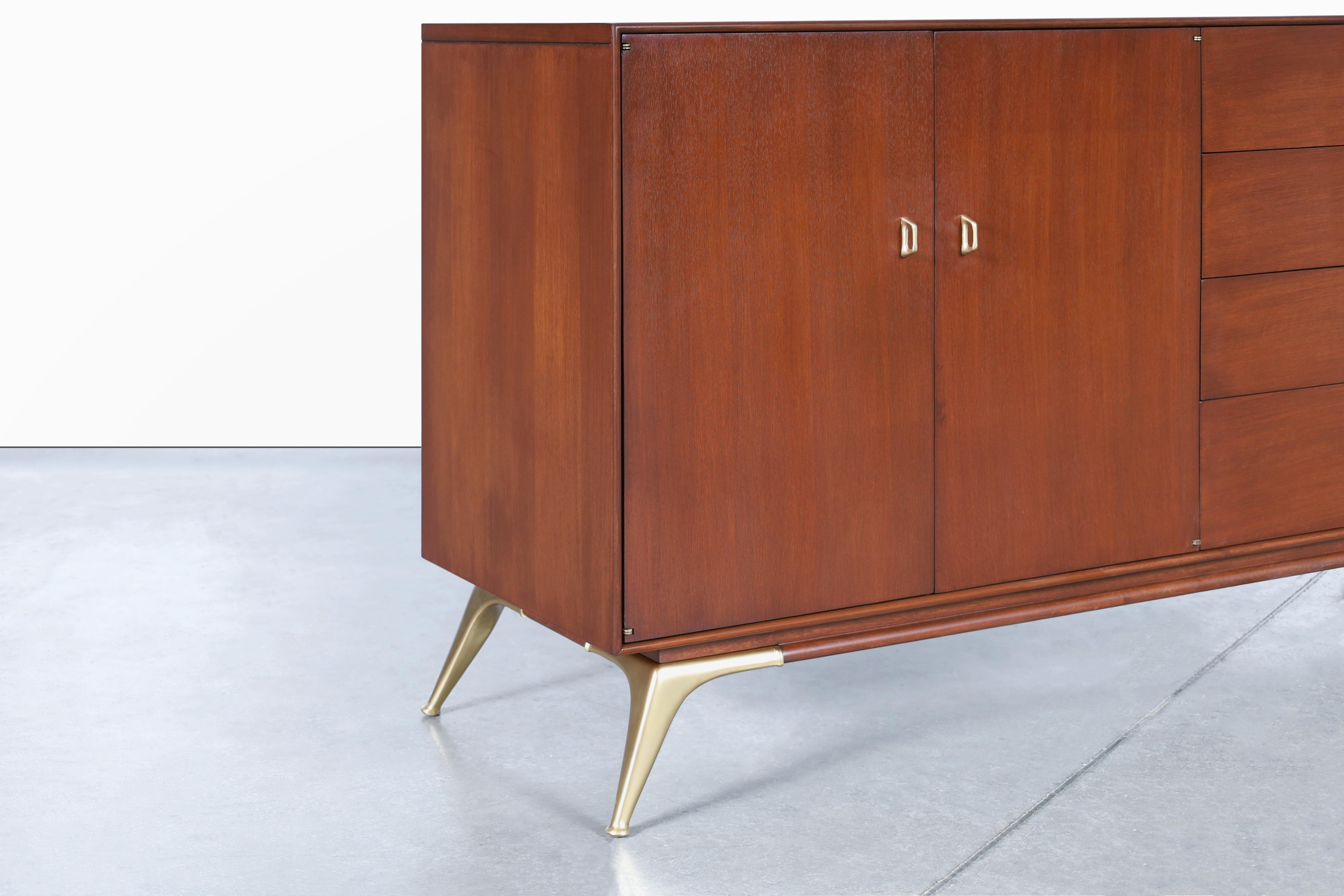 American Mid-Century Modern Walnut and Brass Credenza by R-Way For Sale