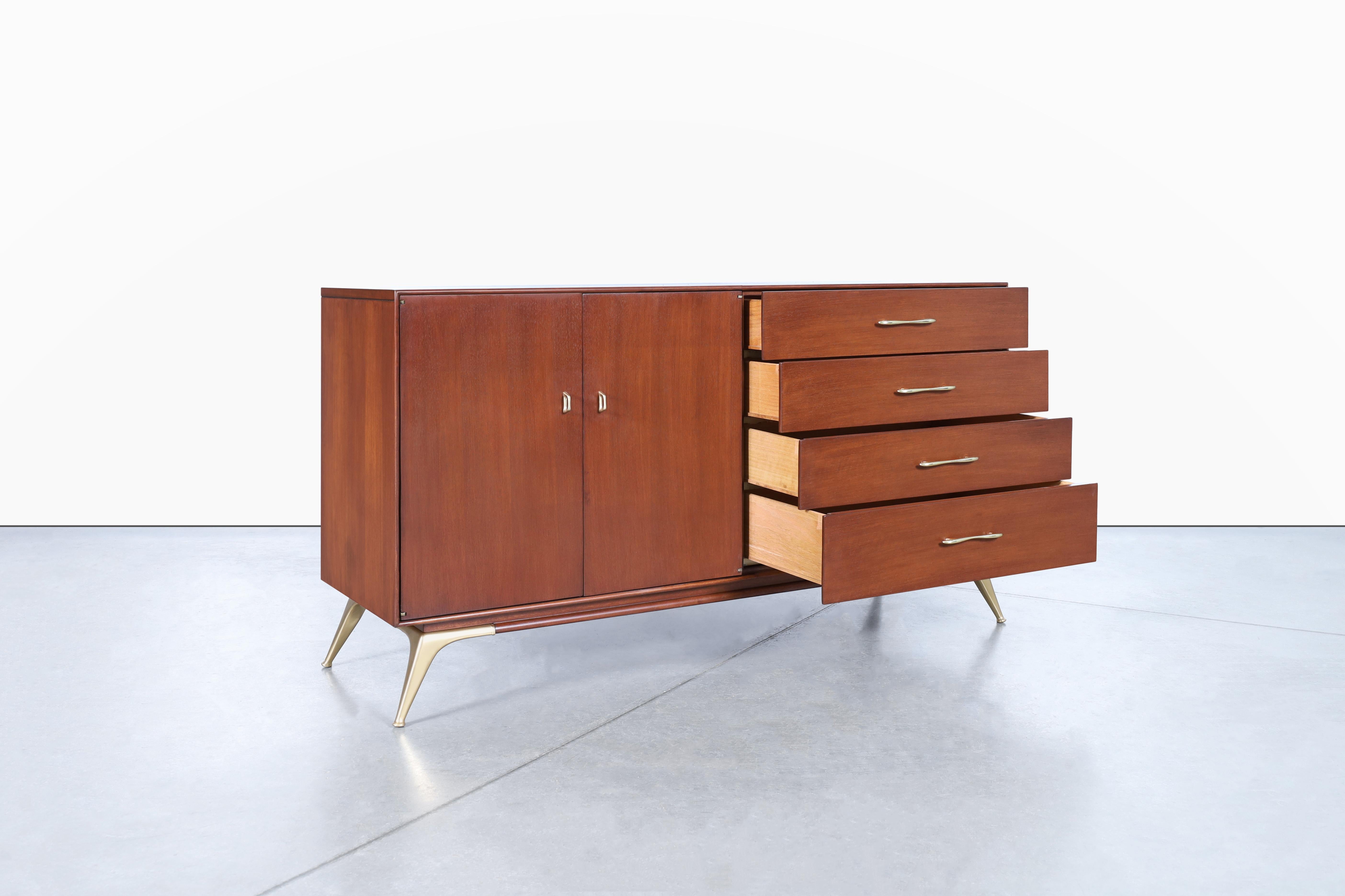 Mid-Century Modern Walnut and Brass Credenza by R-Way For Sale 1