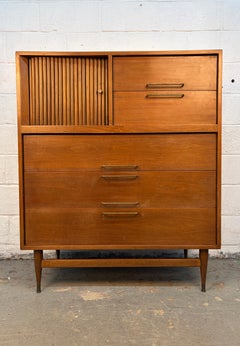 Mid-Century Modern Walnut and Brass Highboy Dresser with Tambour Door
