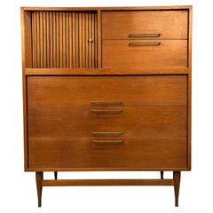 Mid-Century Modern Walnut and Brass Highboy Dresser with Tambour Door