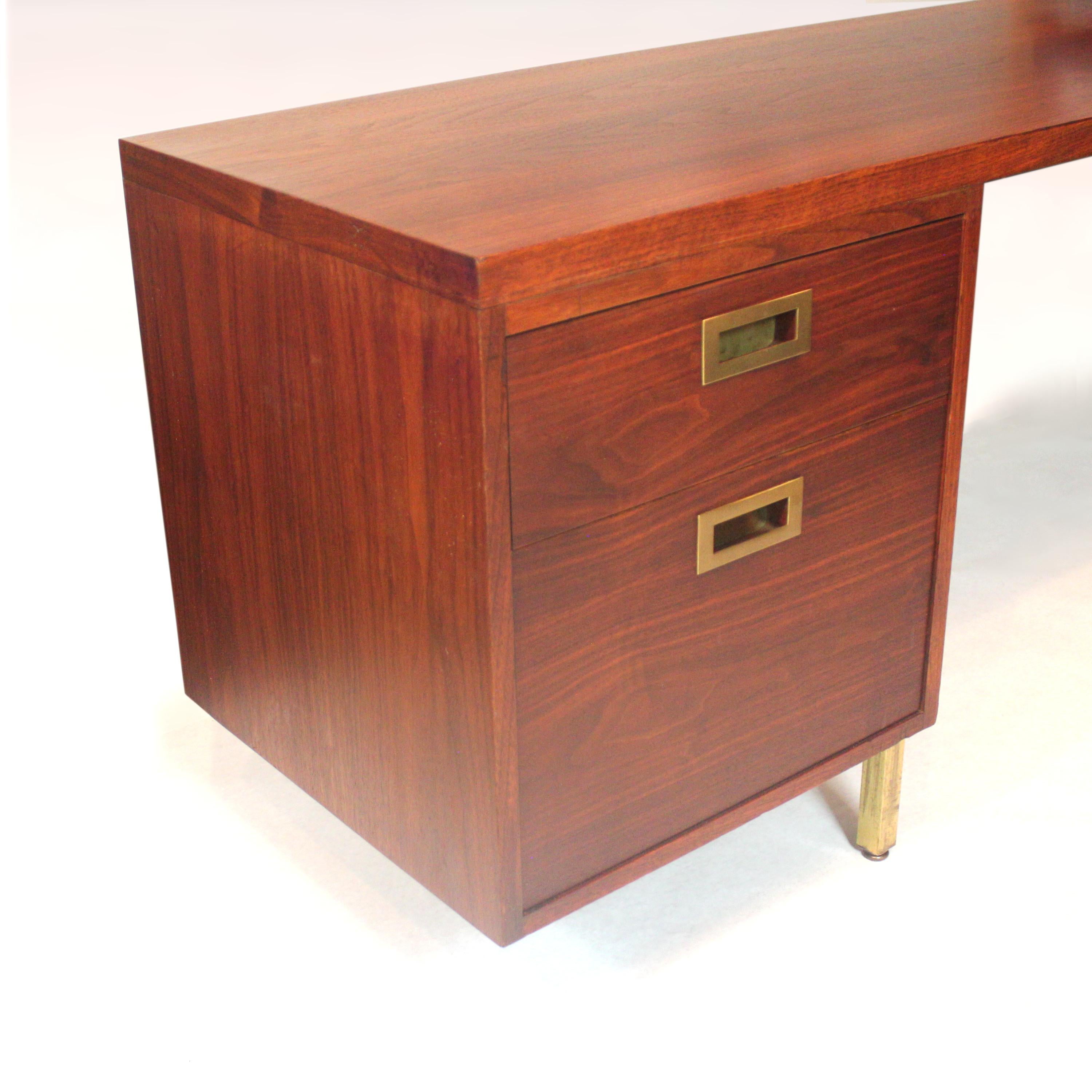 American Mid-Century Modern Walnut and Brass L-Shaped Executive Desk with Return