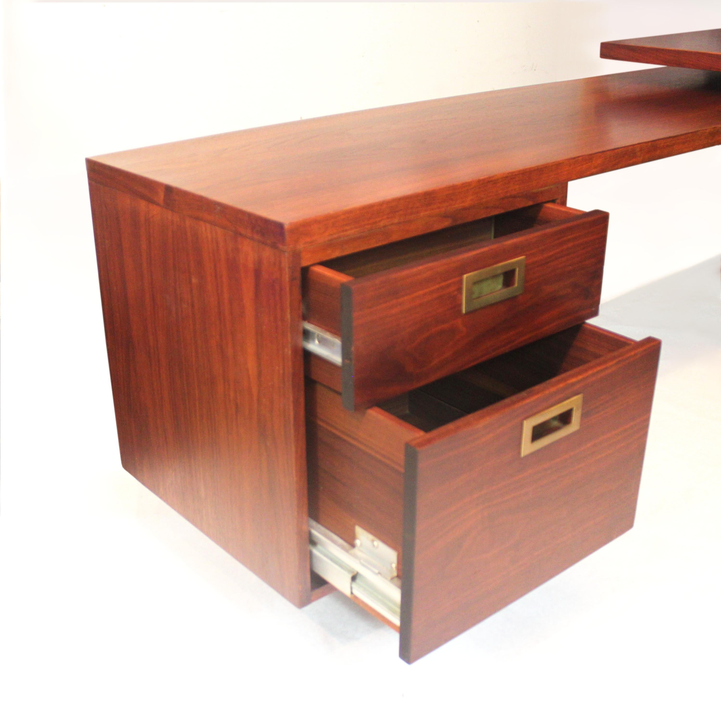 Cast Mid-Century Modern Walnut and Brass L-Shaped Executive Desk with Return
