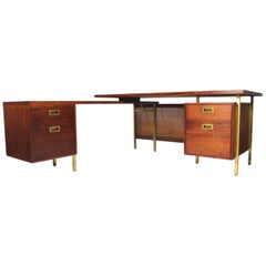 Mid-Century Modern Walnut and Brass L-Shaped Executive Desk with Return