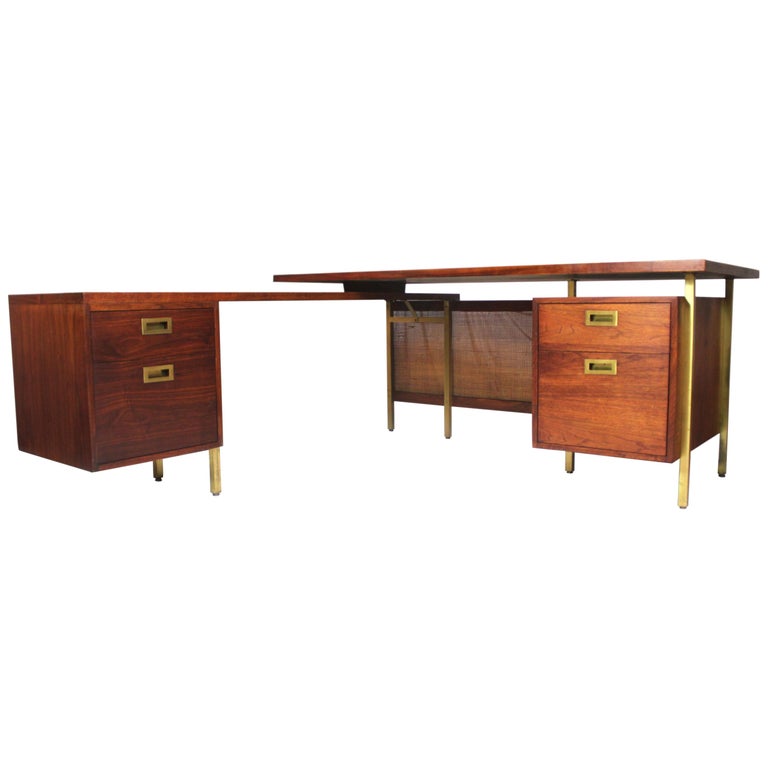 MidCentury Modern Walnut and Brass LShaped Executive Desk with Return
