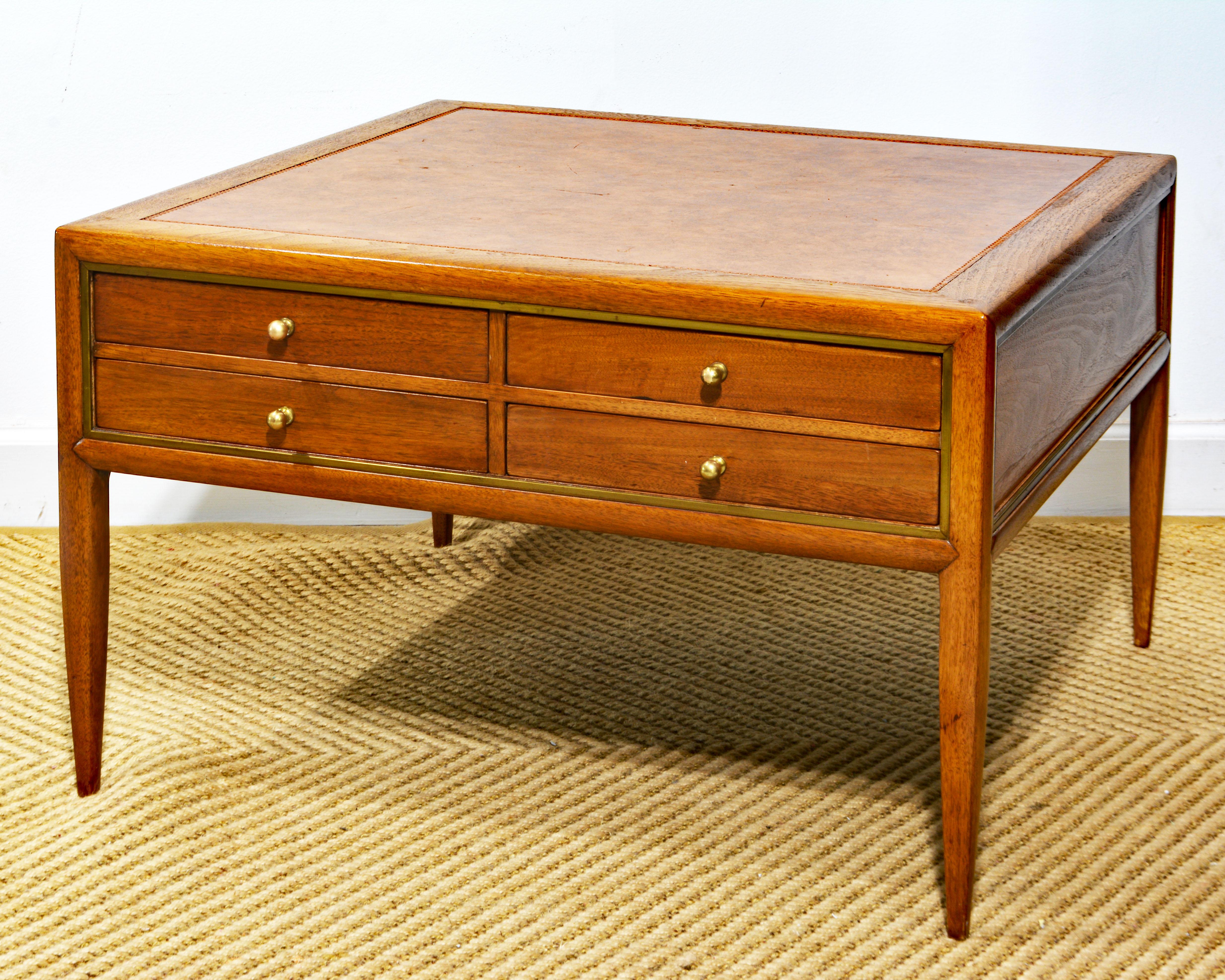 MCM Walnut and Brass Leather Top Cocktail Table with Four Serving Tray Tables 4