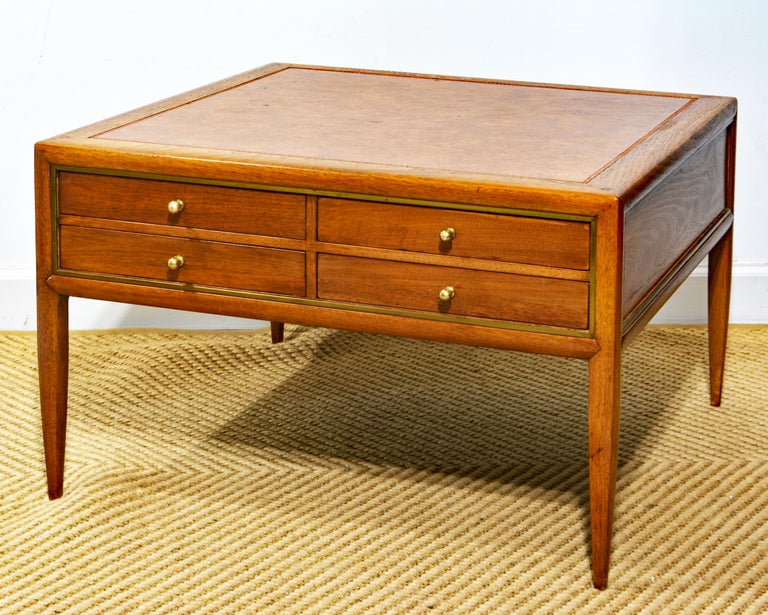 MCM Walnut and Brass Leather Top Cocktail Table with Four Serving Tray