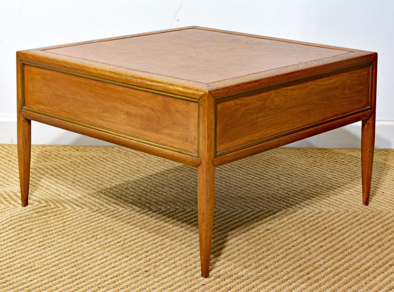 MCM Walnut and Brass Leather Top Cocktail Table with Four Serving Tray