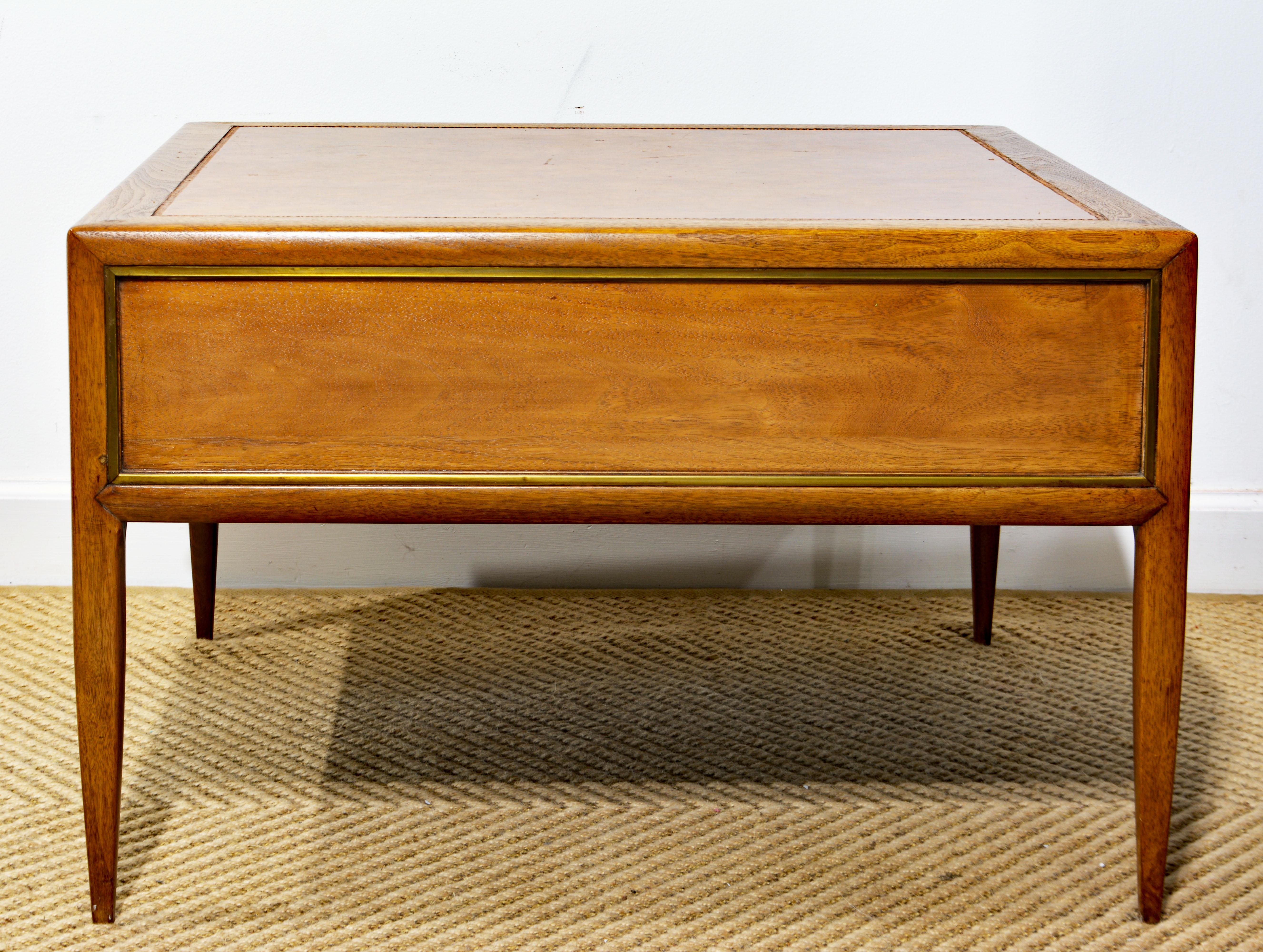 MCM Walnut and Brass Leather Top Cocktail Table with Four Serving Tray Tables 7
