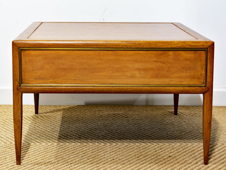 MCM Walnut and Brass Leather Top Cocktail Table with Four Serving Tray