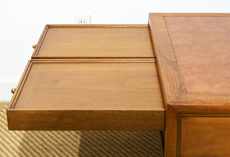 MCM Walnut and Brass Leather Top Cocktail Table with Four Serving Tray