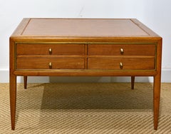 MCM Walnut and Brass Leather Top Cocktail Table with Four Serving Tray Tables