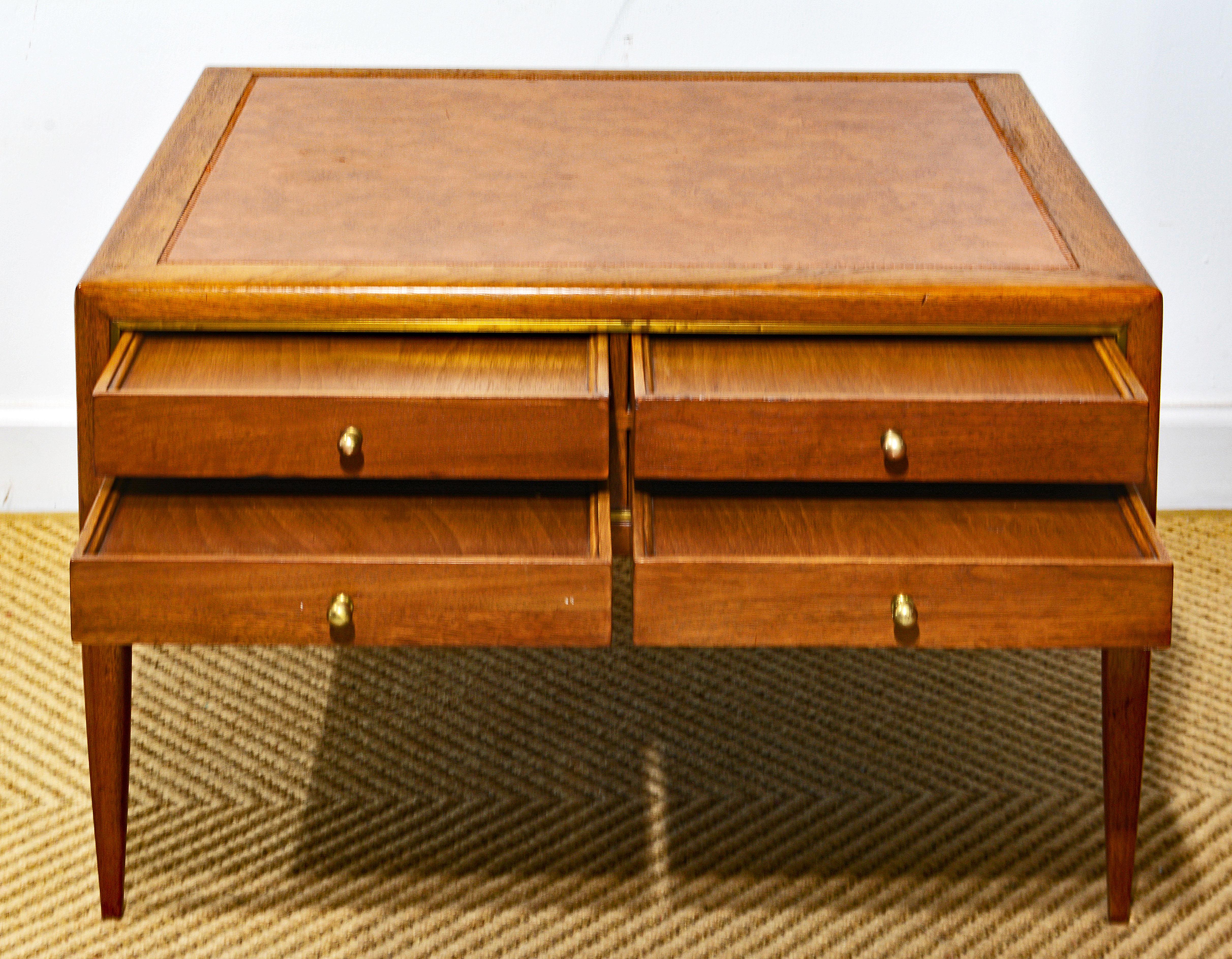 Mid-Century Modern MCM Walnut and Brass Leather Top Cocktail Table with Four Serving Tray Tables