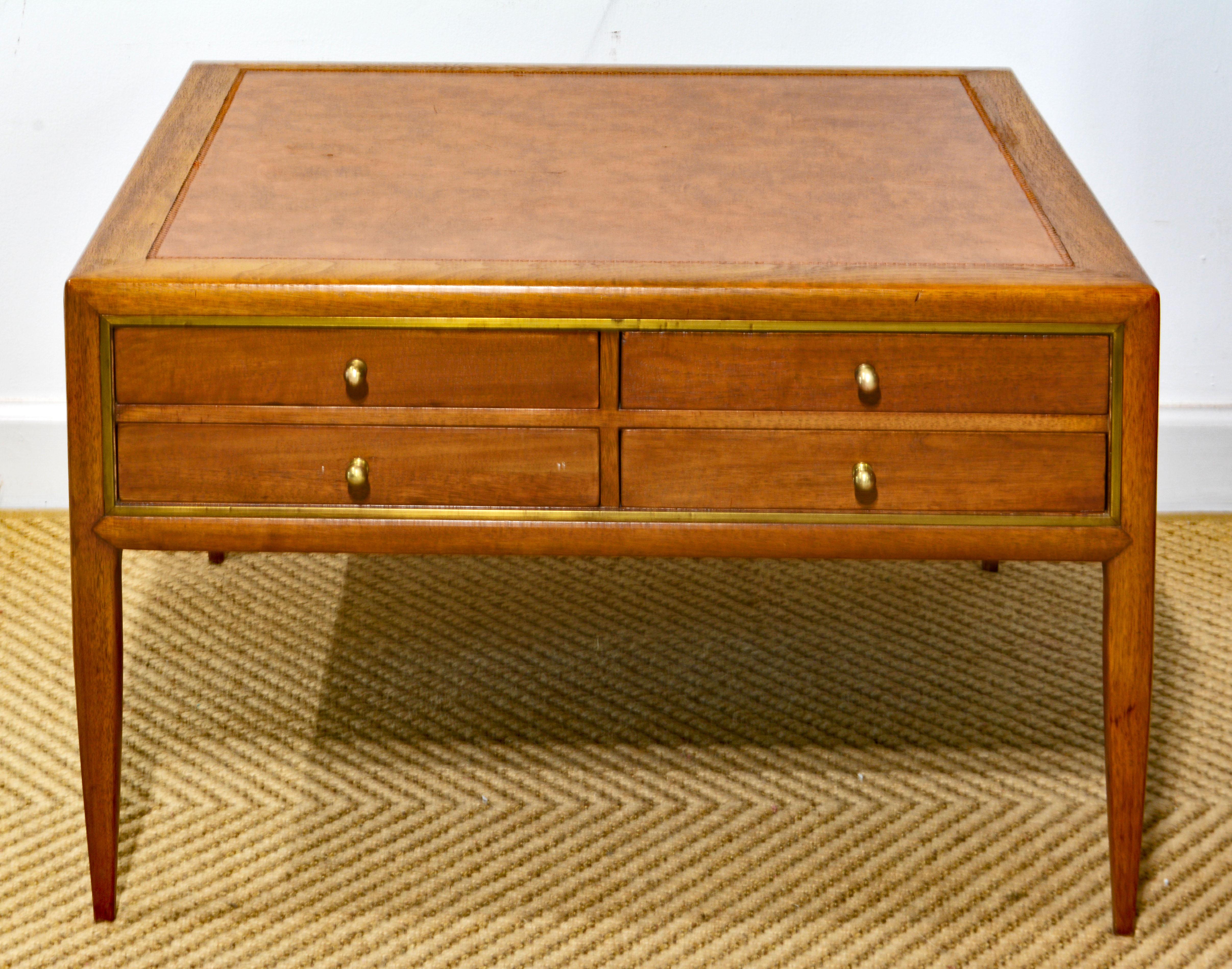 American MCM Walnut and Brass Leather Top Cocktail Table with Four Serving Tray Tables