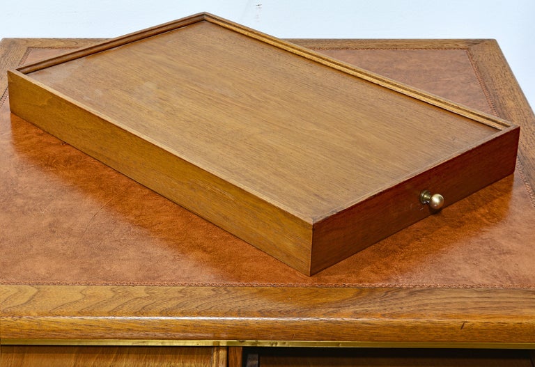 MCM Walnut and Brass Leather Top Cocktail Table with Four Serving Tray