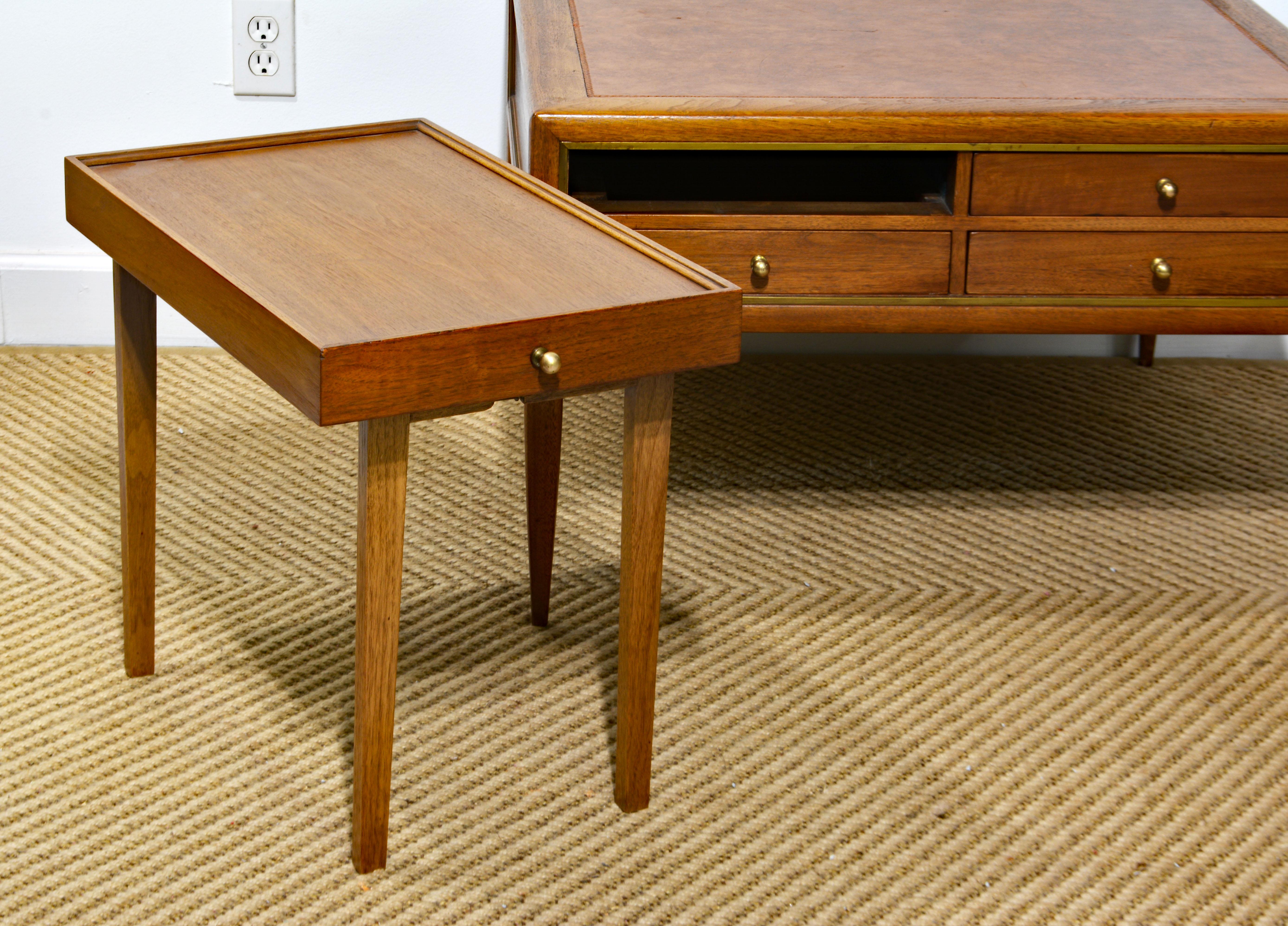 MCM Walnut and Brass Leather Top Cocktail Table with Four Serving Tray Tables 3