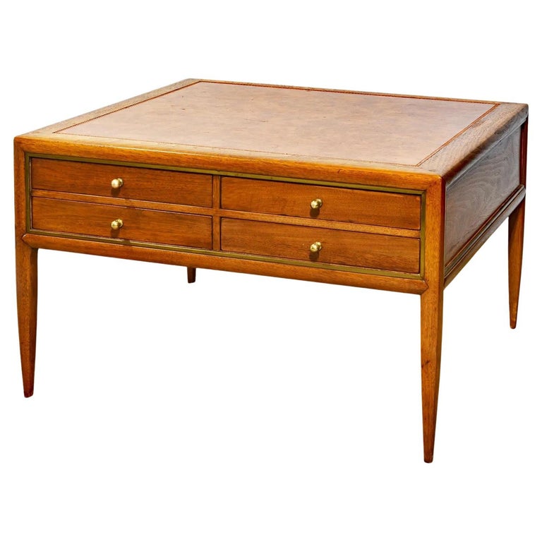 MCM Walnut and Brass Leather Top Cocktail Table with Four Serving Tray