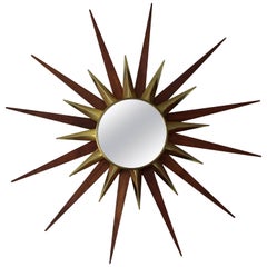 Mid-Century Modern Walnut and Brass Starburst Wall Mirror