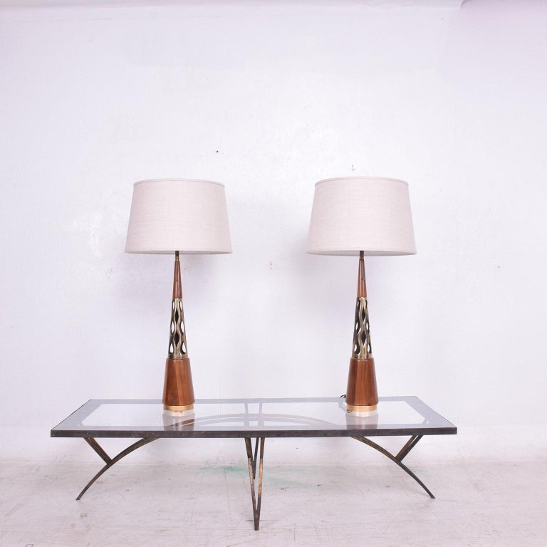 Mid-Century Modern Walnut and Brass Table Lamps 4