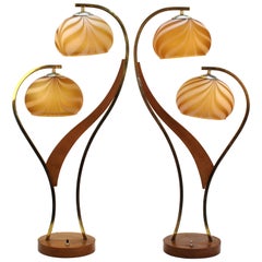 Mid-Century Modern Walnut and Brass Table Lamps with Glass Globe Shades