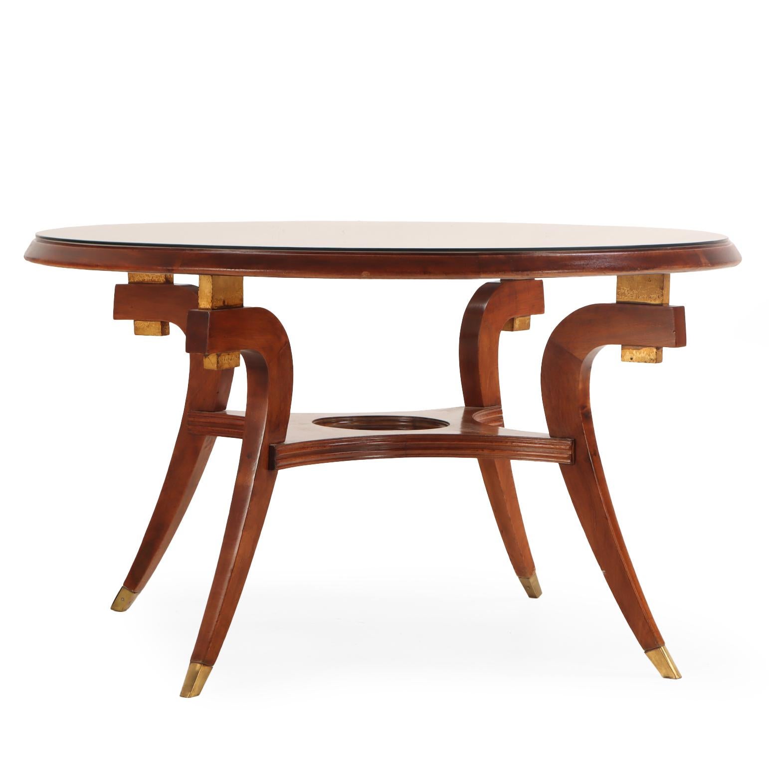 North American Mid Century Modern Walnut and Burl Walnut Glass Top Dining Table, C. 1960. For Sale