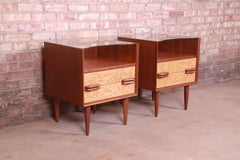 Mid-Century Modern Walnut and Burl Wood Nightstands, Newly Refinished
