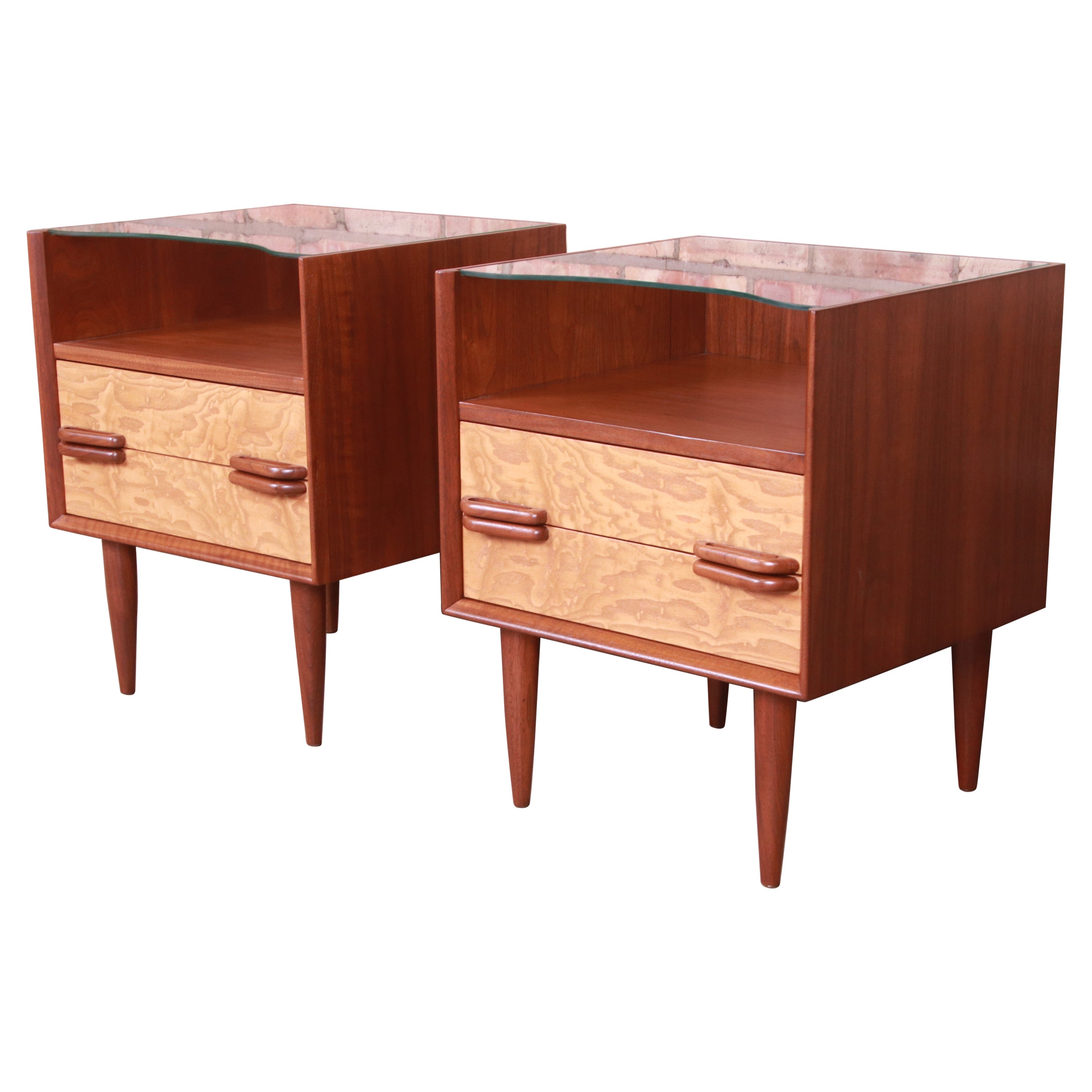 Mid-Century Modern Walnut and Burl Wood Nightstands, Newly Refinished